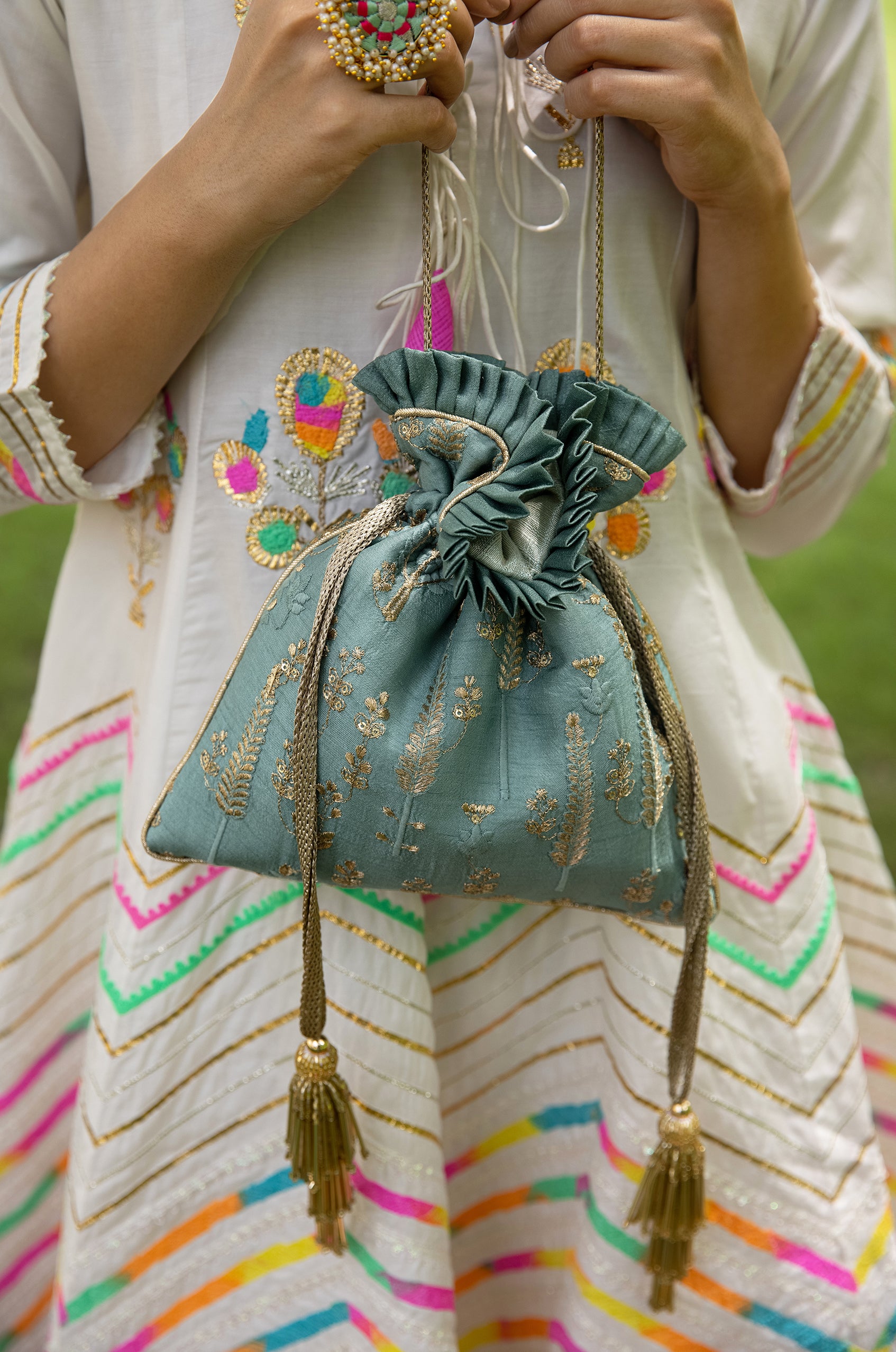Arbre Silk Embroidered Potli Bag Blue Green