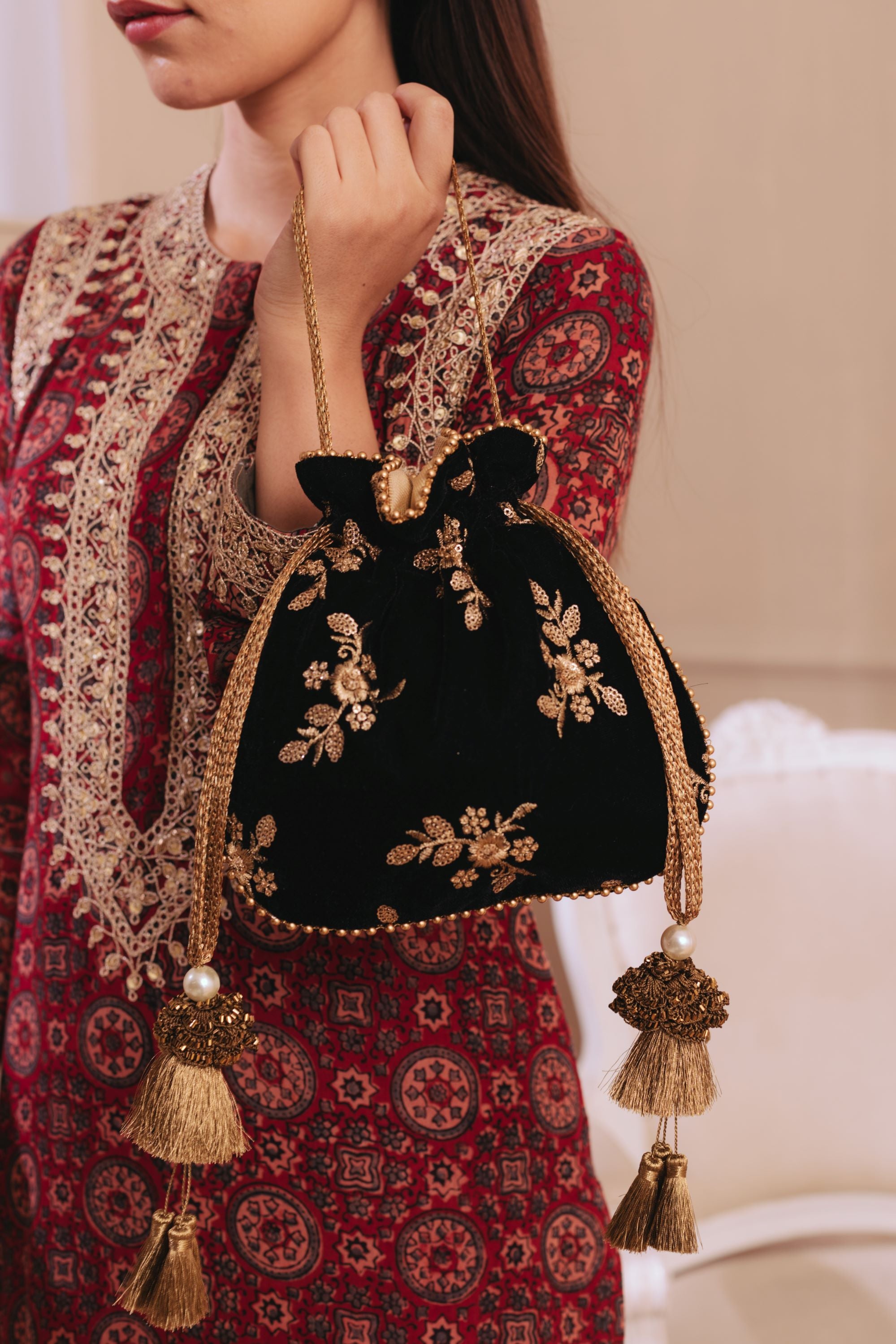 Black Velvet Embroidered Potli Bag