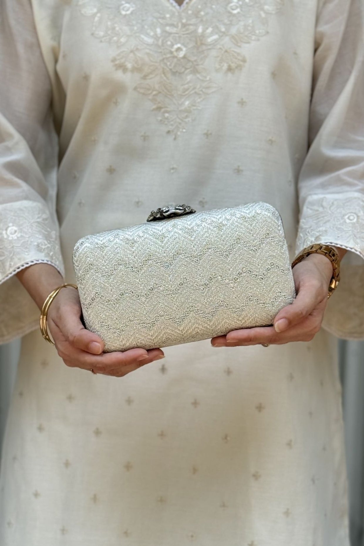 Mayuri Embroidered Box Clutch - Off-white