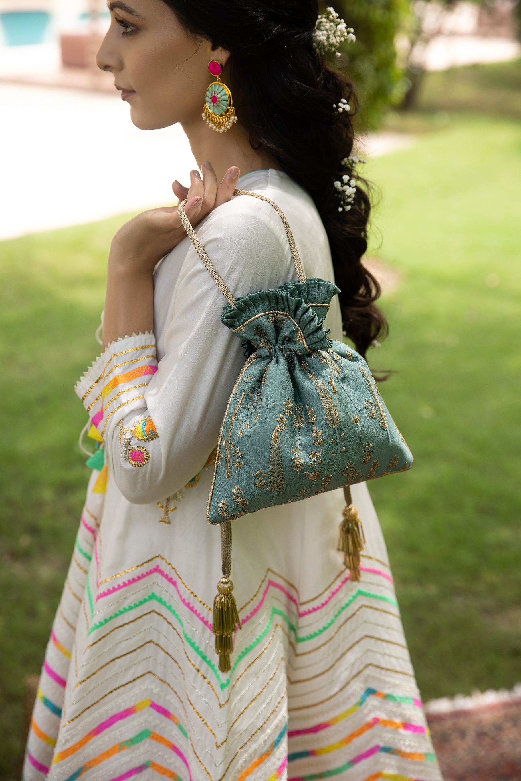 Arbre Silk Embroidered Potli Bag Blue Green
