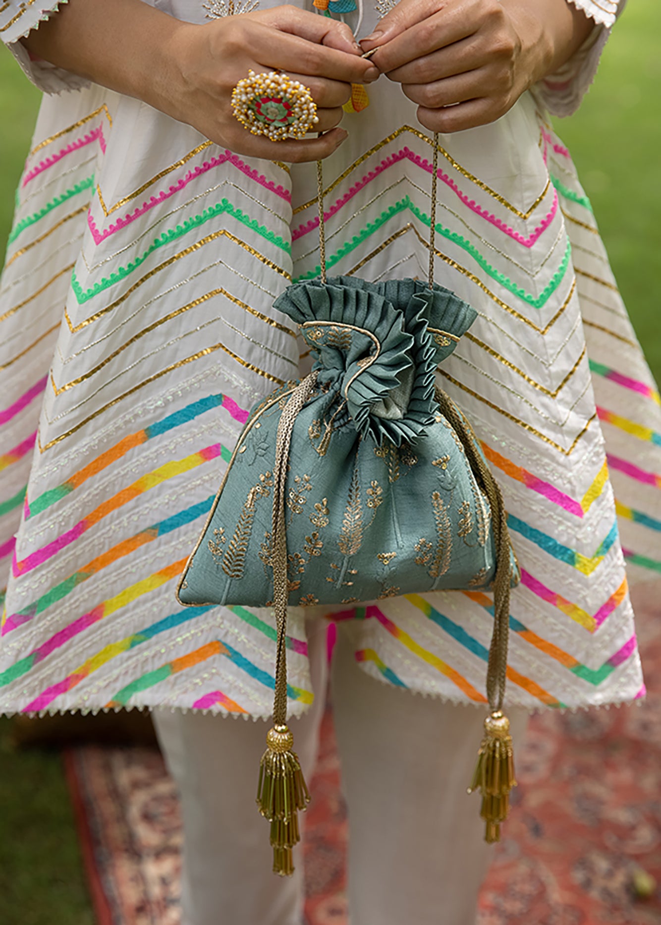 Arbre Silk Embroidered Potli Bag Blue Green