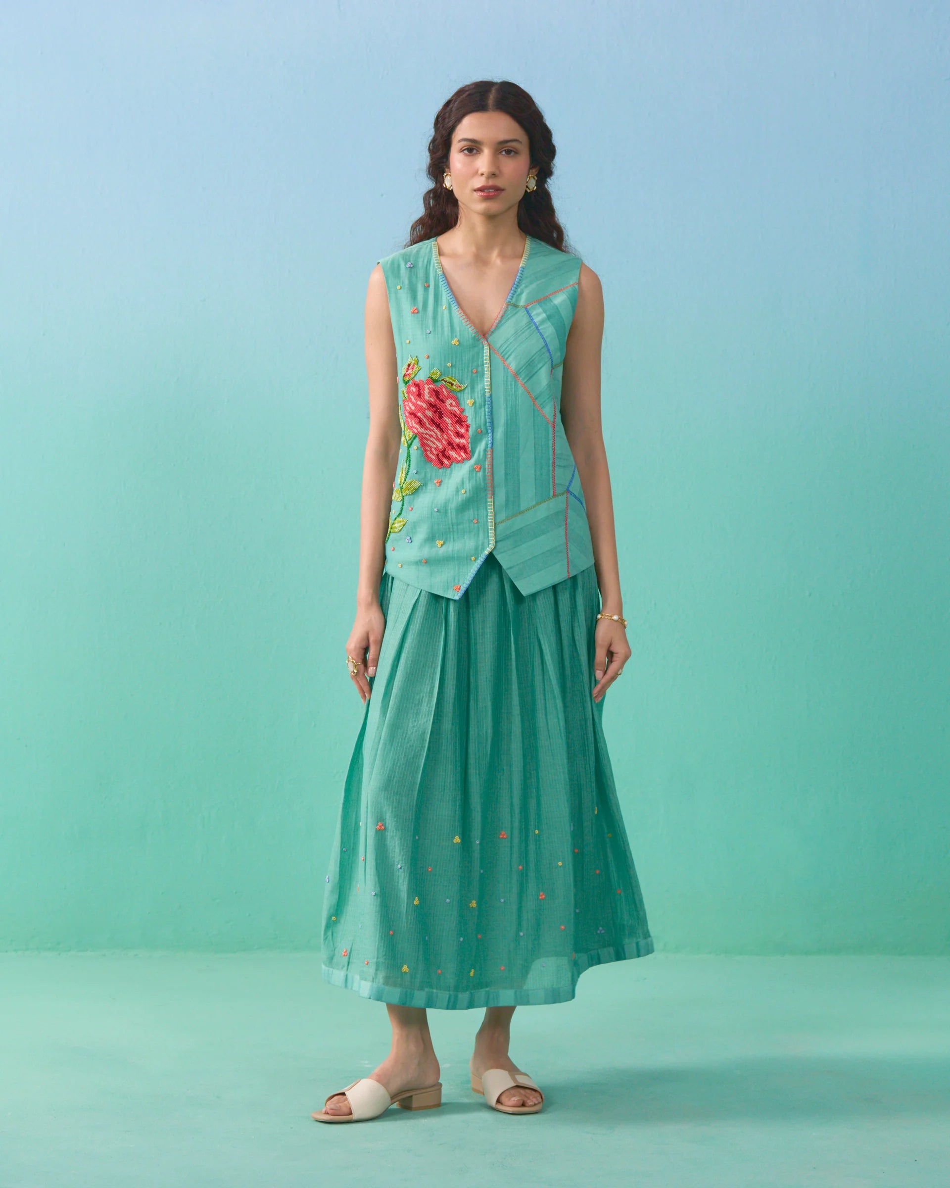 Floral Drift Vest Overlay Set - Green