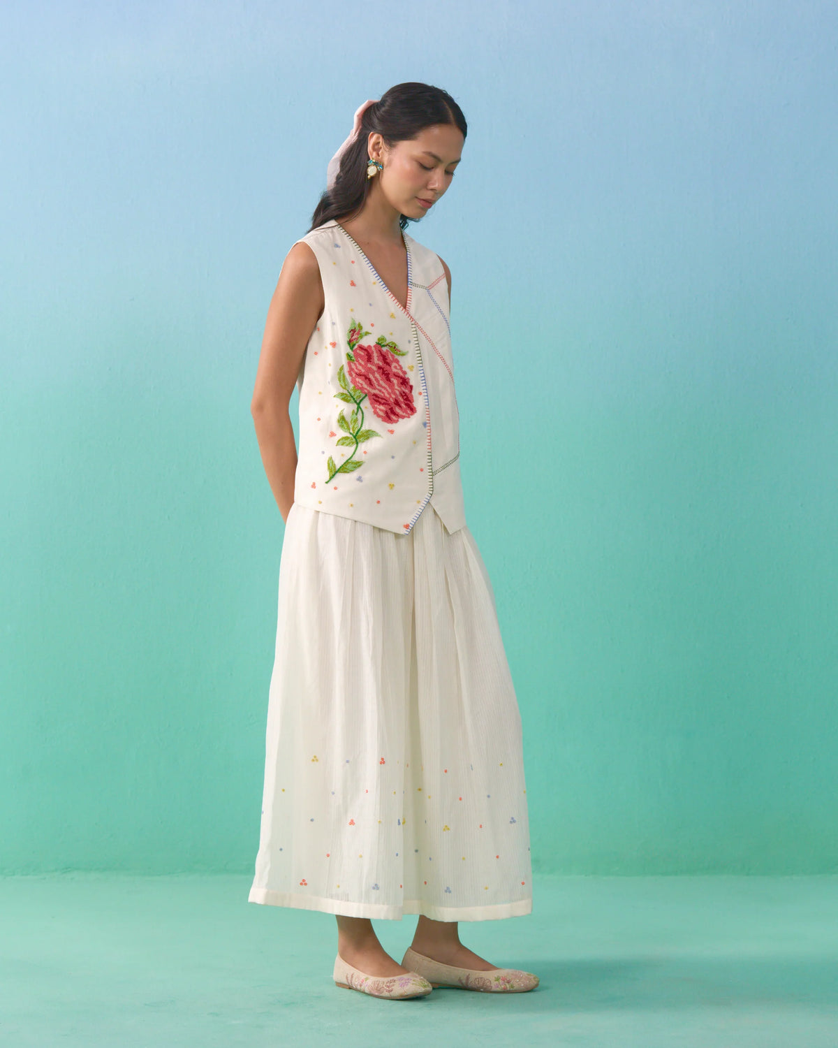 Floral Drift Vest Overlay Set - Ivory