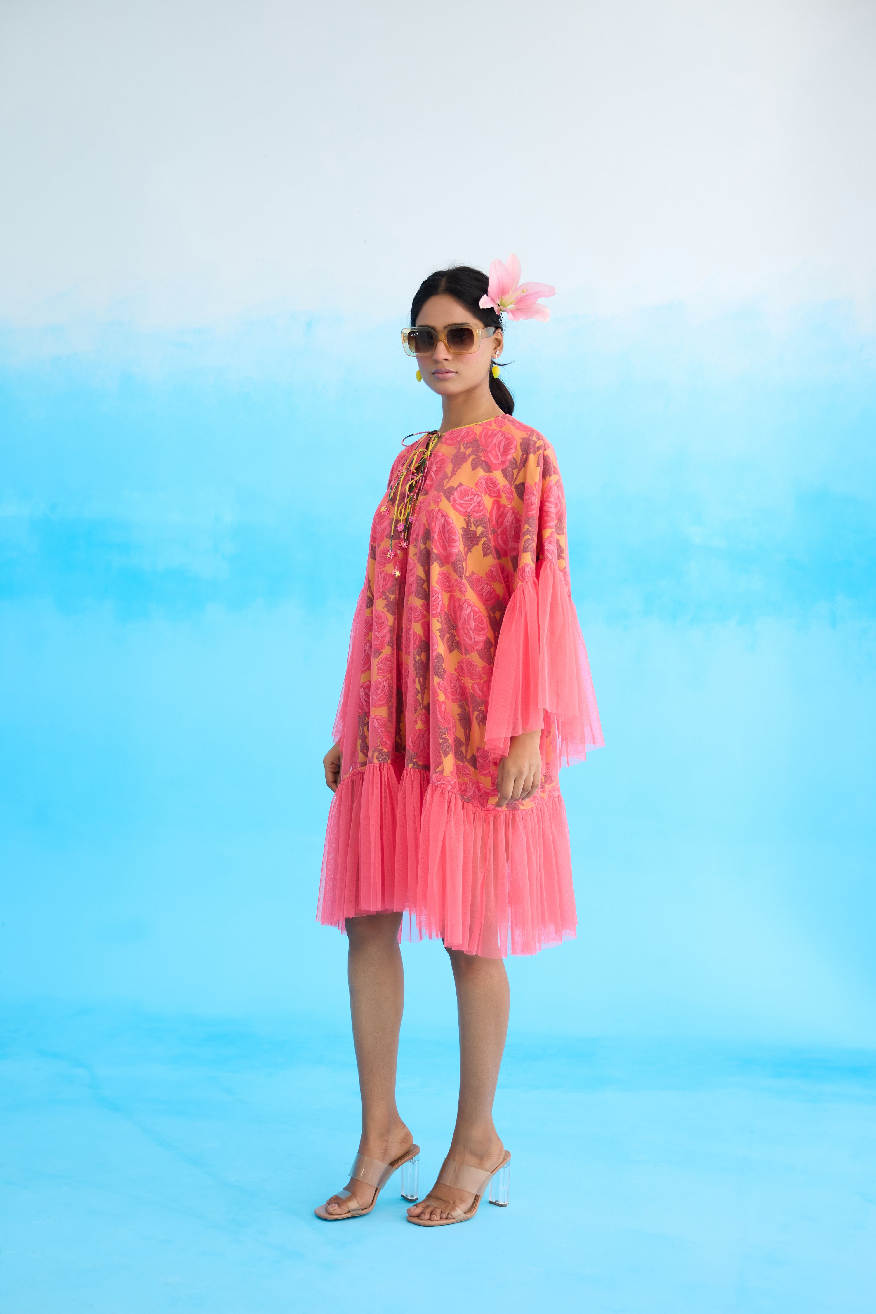 Mithai Pink Rose Printed Frill Dress