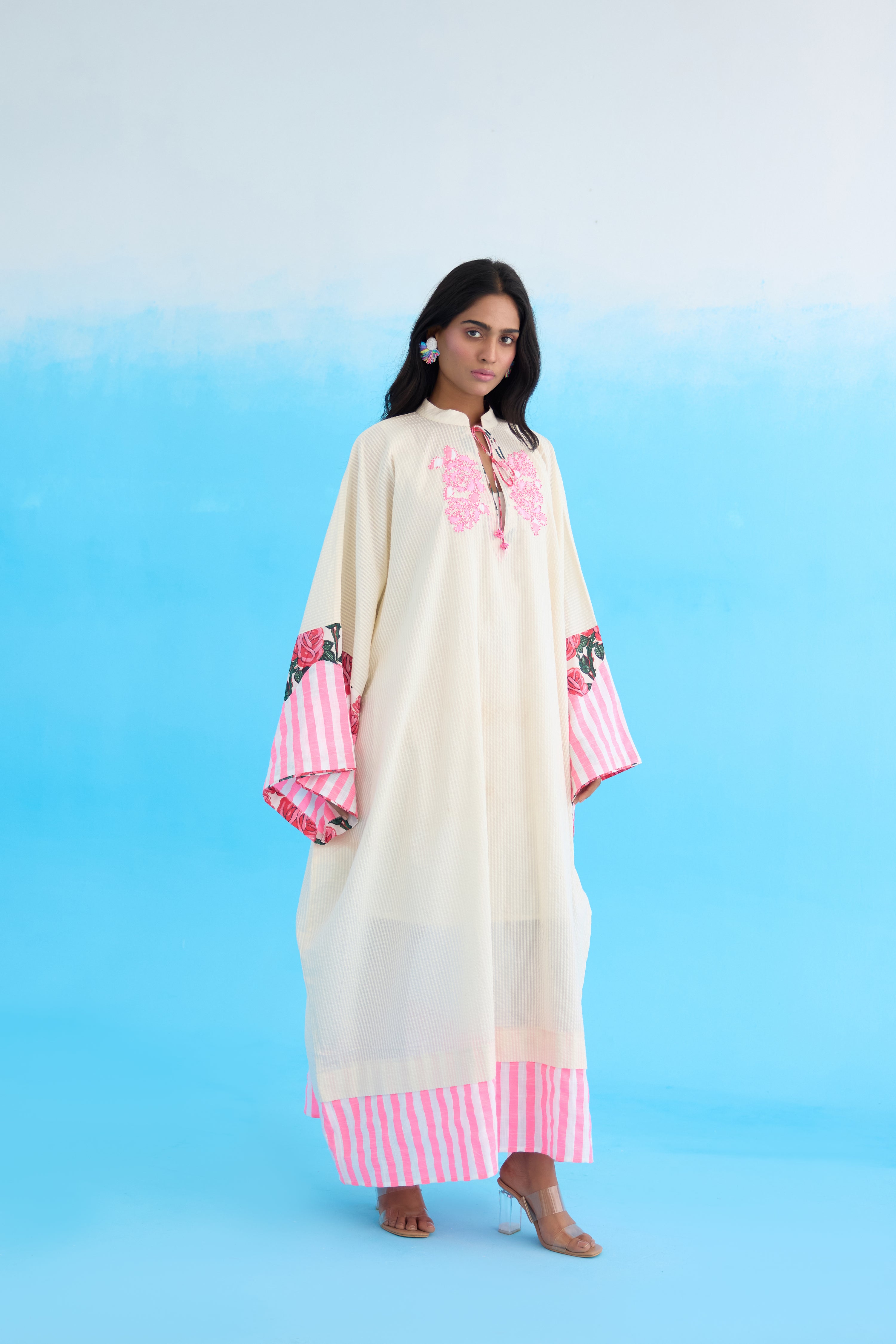 Cream Crouching Applique Kaftan Dress