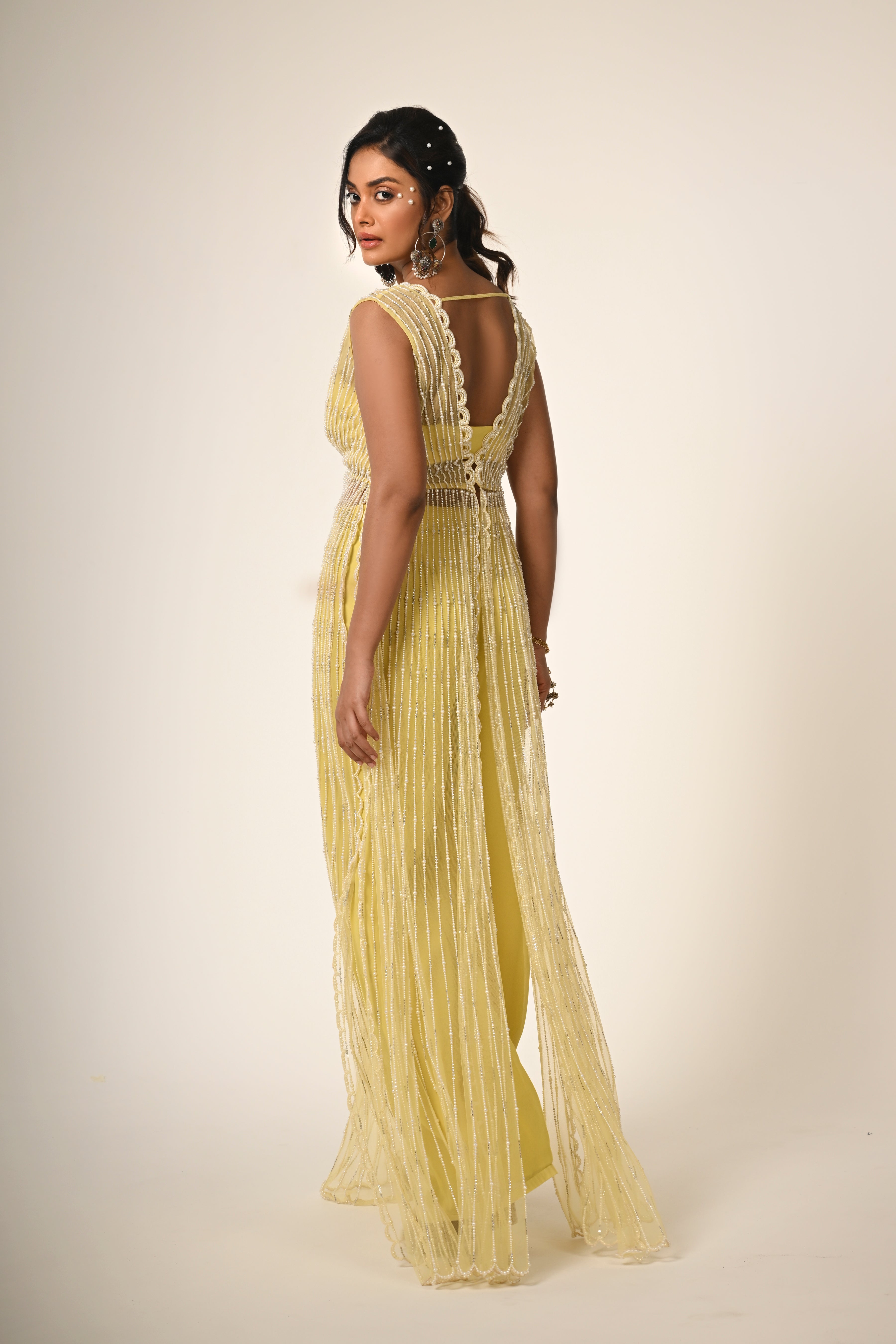 Yellow Pearls Embroidery Cape Set
