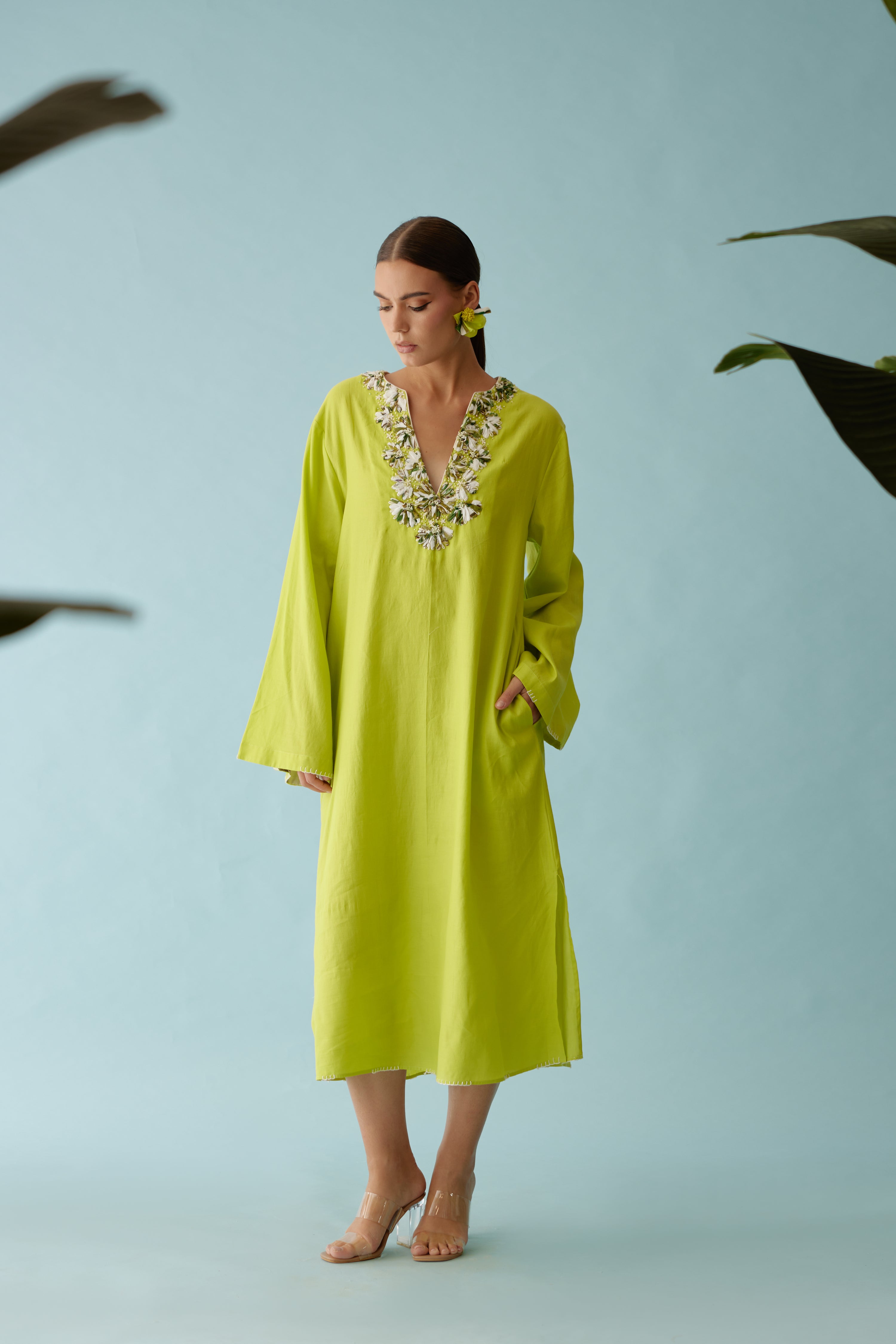 Lime Green Fabric Ribbon Embroidery Flower Kaftan