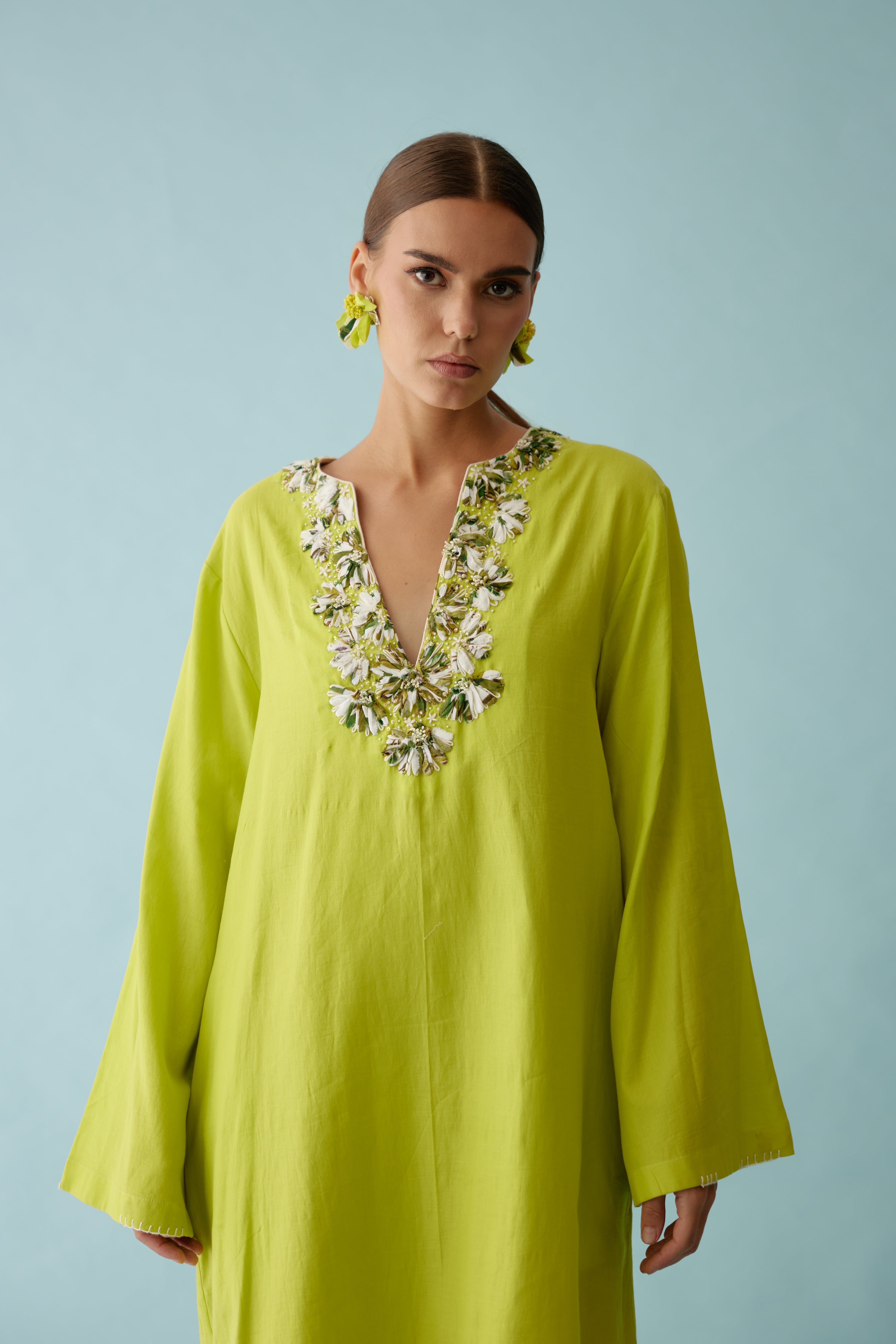 Lime Green Fabric Ribbon Embroidery Flower Kaftan