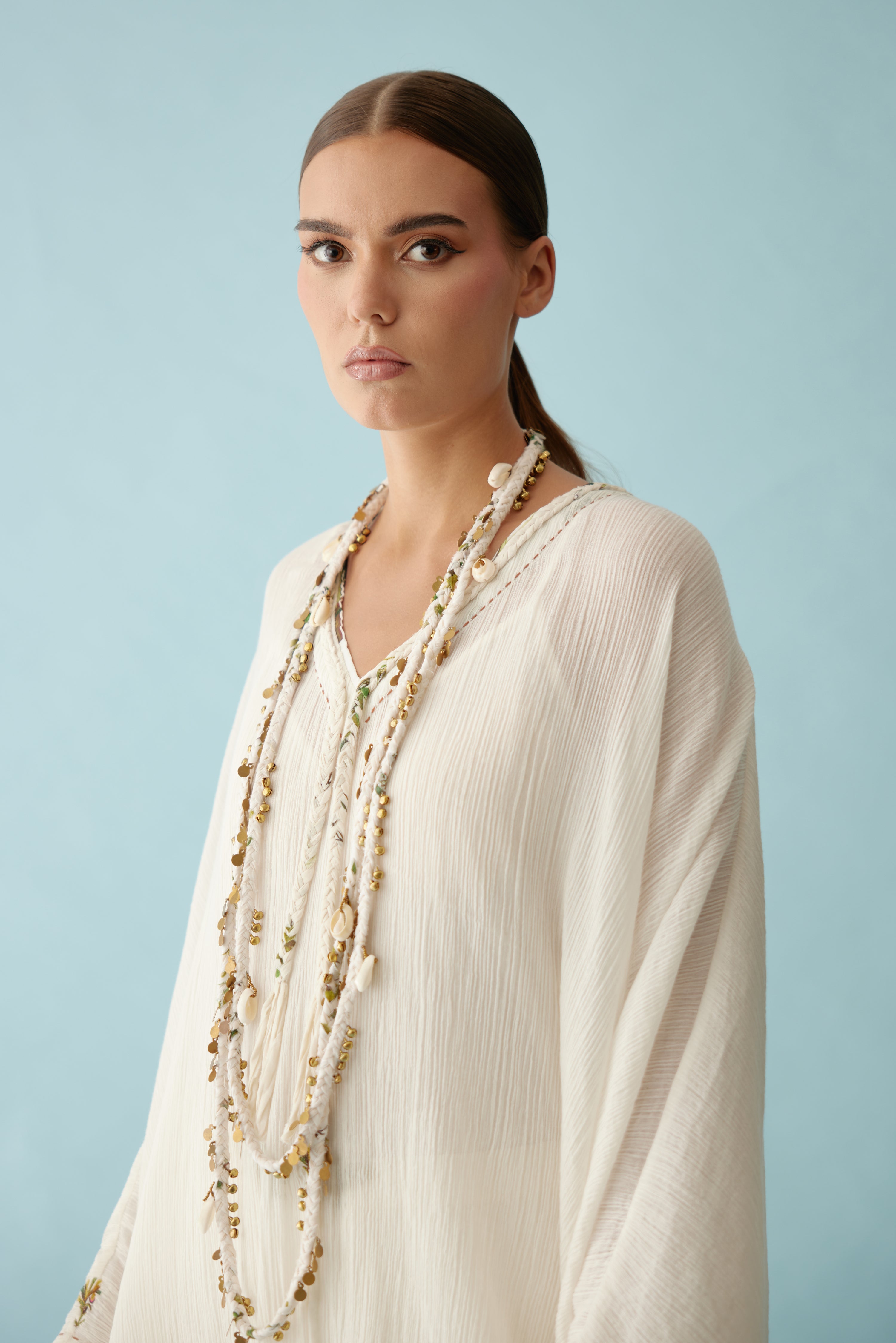 Cream Recycled Hand-Braided Ghungroo Long Necklace