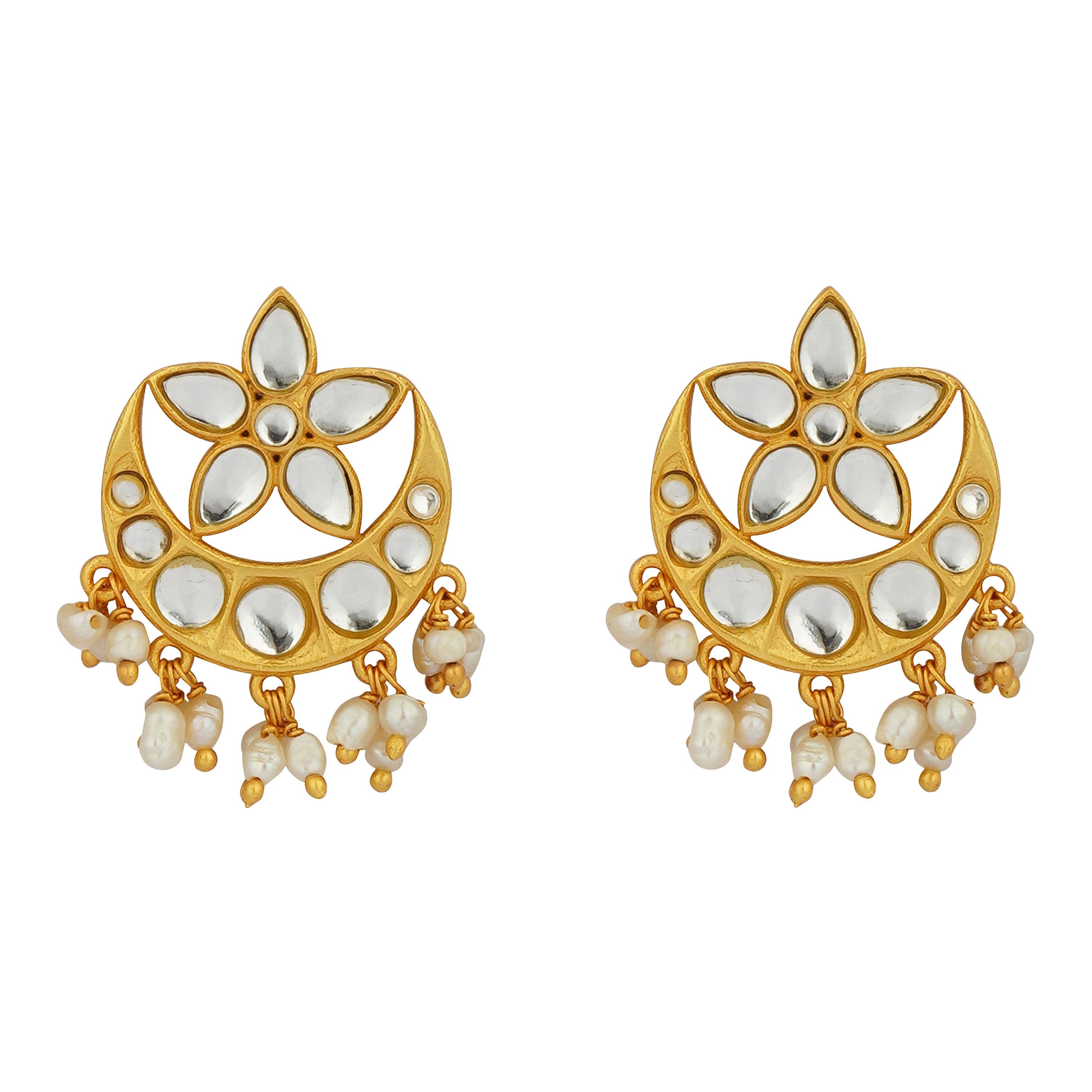 Chaand Phool Stud Earrings with Mirror Polki and Pearls