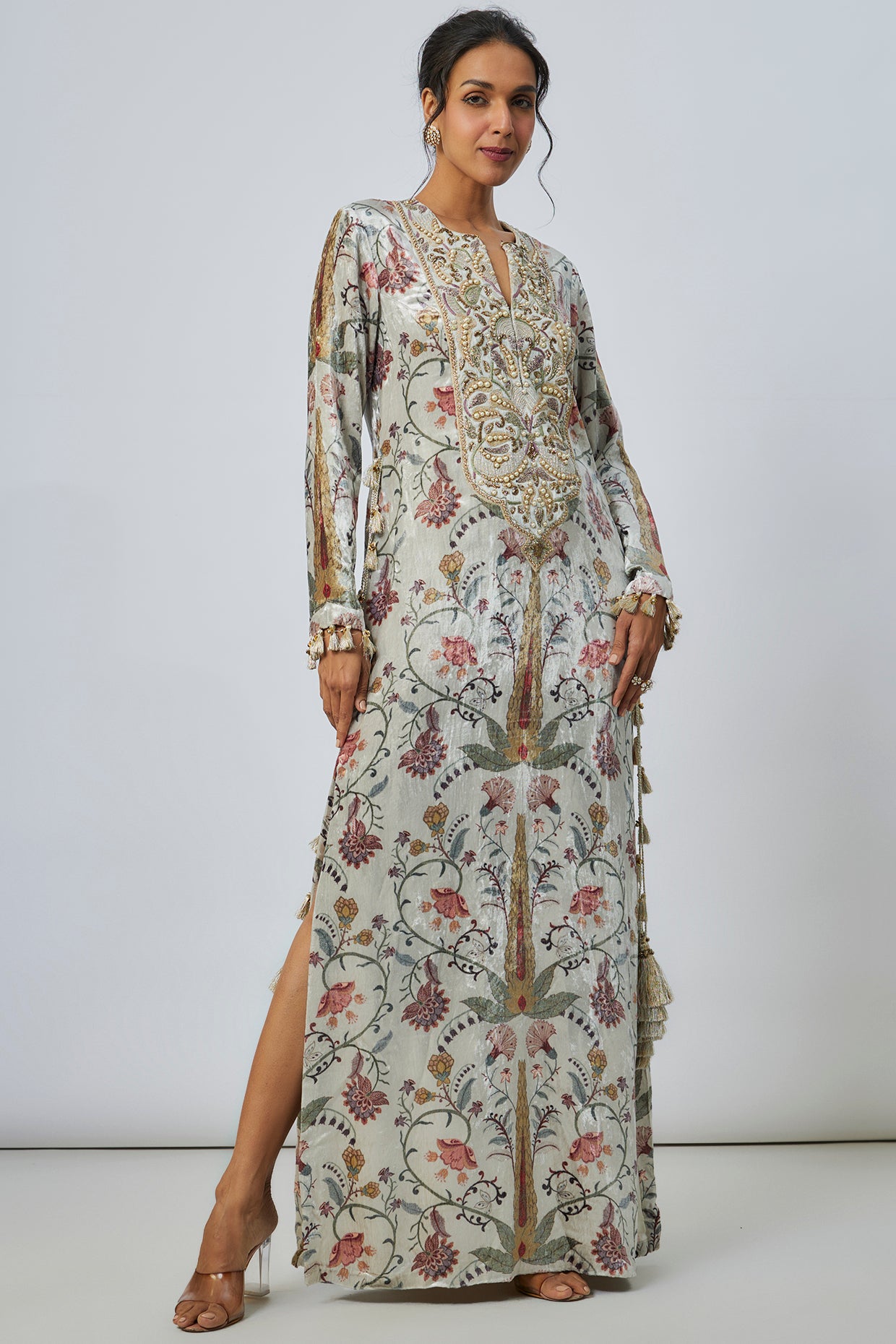 Mehuish Ochre Forest Whisper  Embroidered Yoke Kaftan
