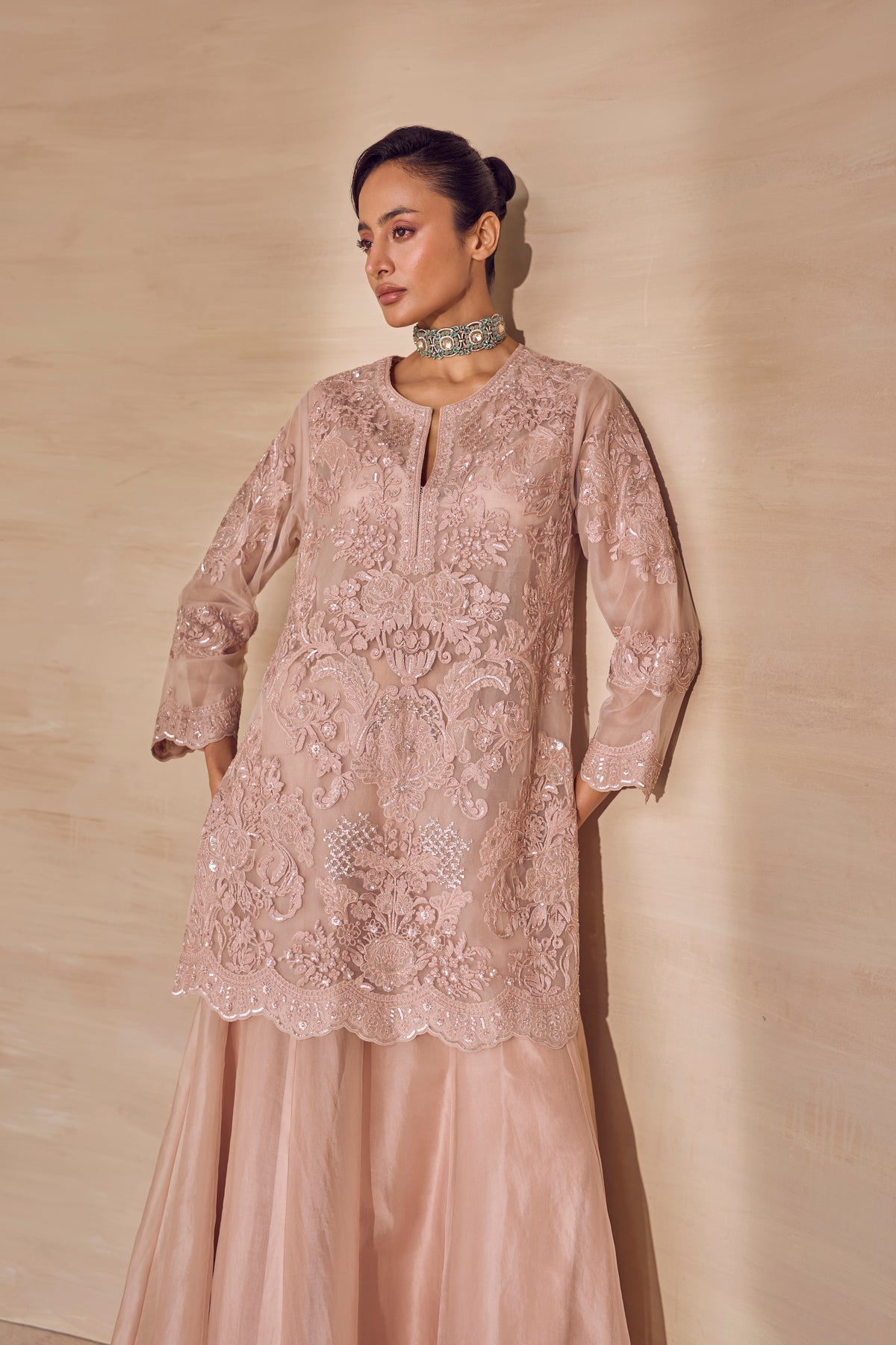 Powder Veil Embroidered Sharara Set