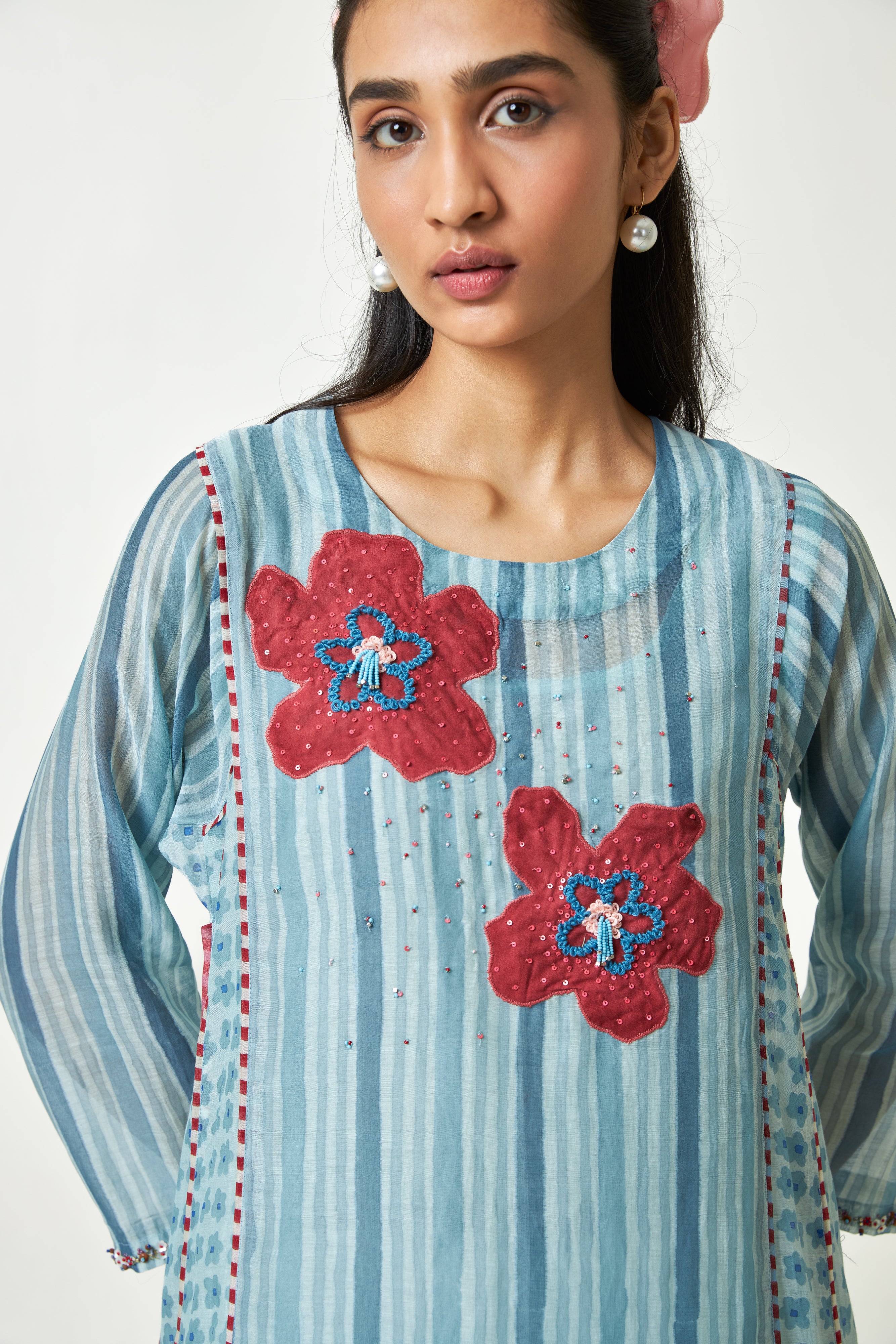 Azure Drift Block Printed Kurta Set- Set Of 3