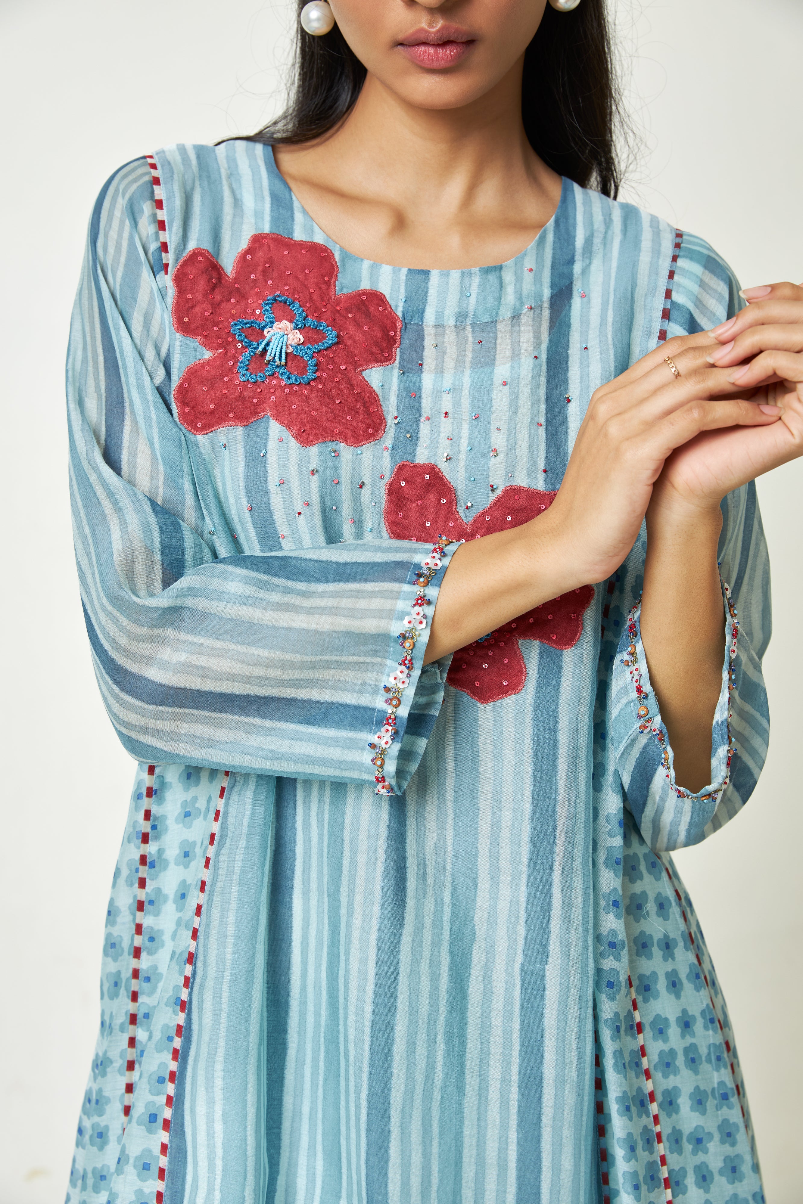 Azure Drift Block Printed Kurta Set- Set Of 3