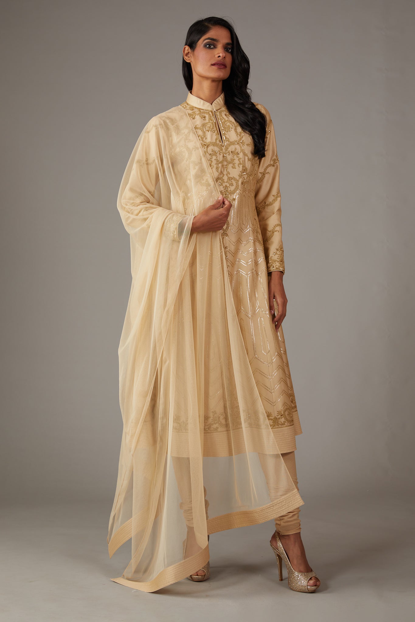 Beige Chanderi Kalidar Kurta Set