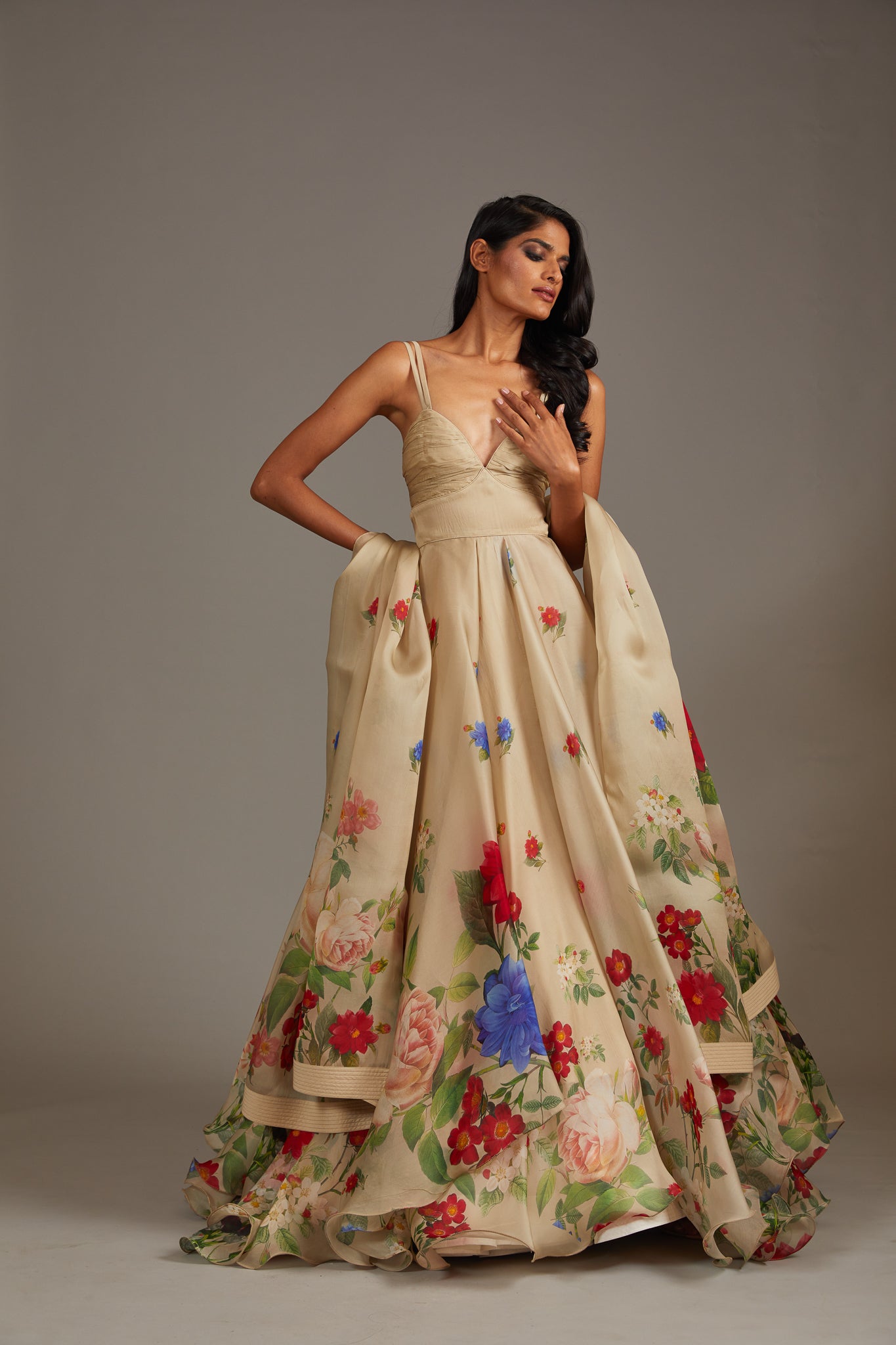 Light Pewter Printed Chanderi Anarkali Set