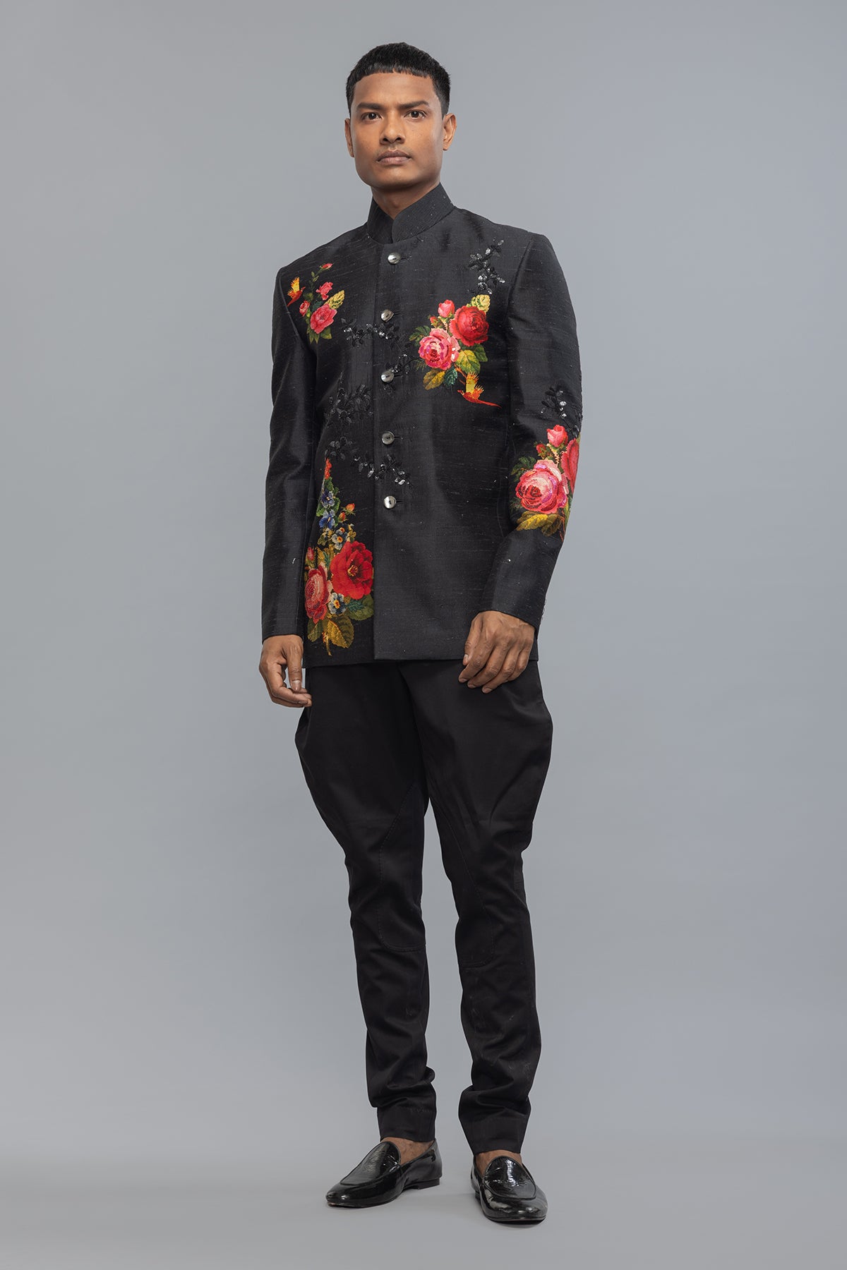 Black Floral Printed Matka Silk Badhgala