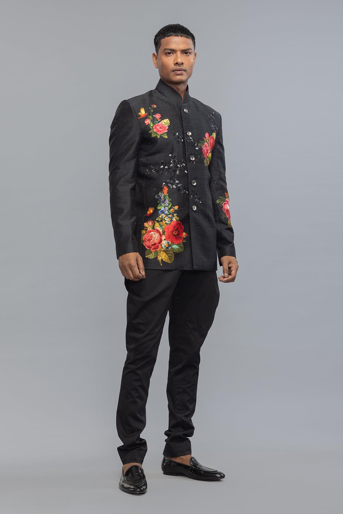 Black Floral Printed Matka Silk Badhgala