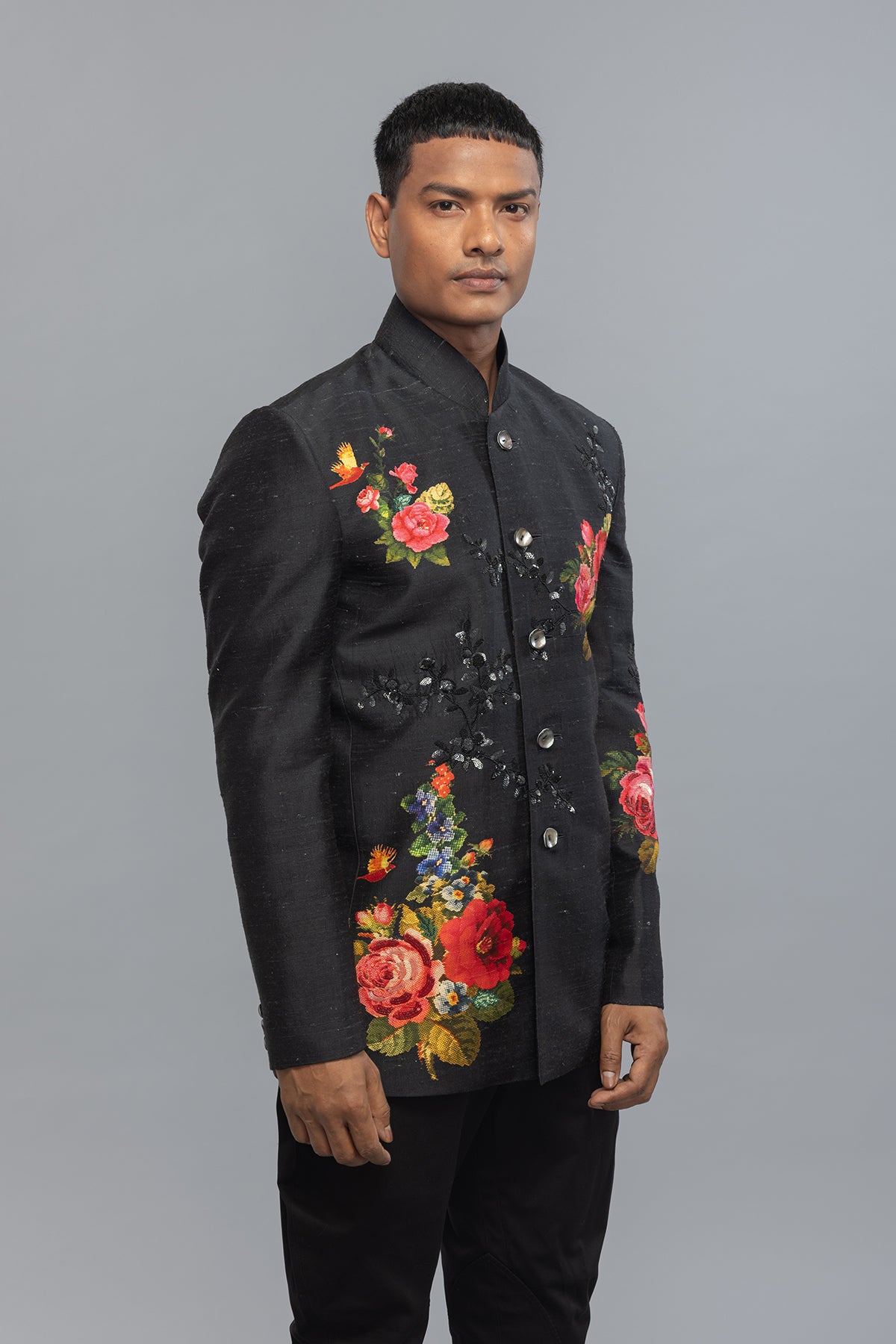 Black Floral Printed Matka Silk Badhgala