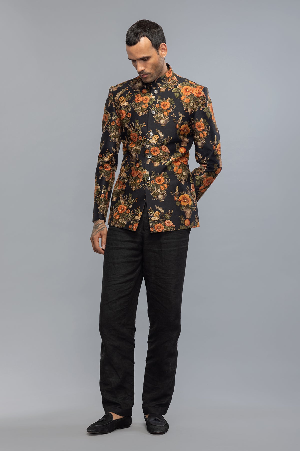Men's Black Floral Printed Badhgala