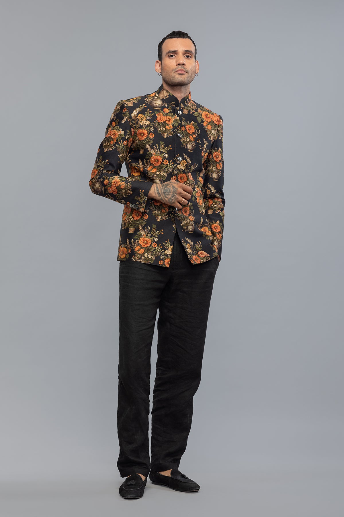 Men's Black Floral Printed Badhgala