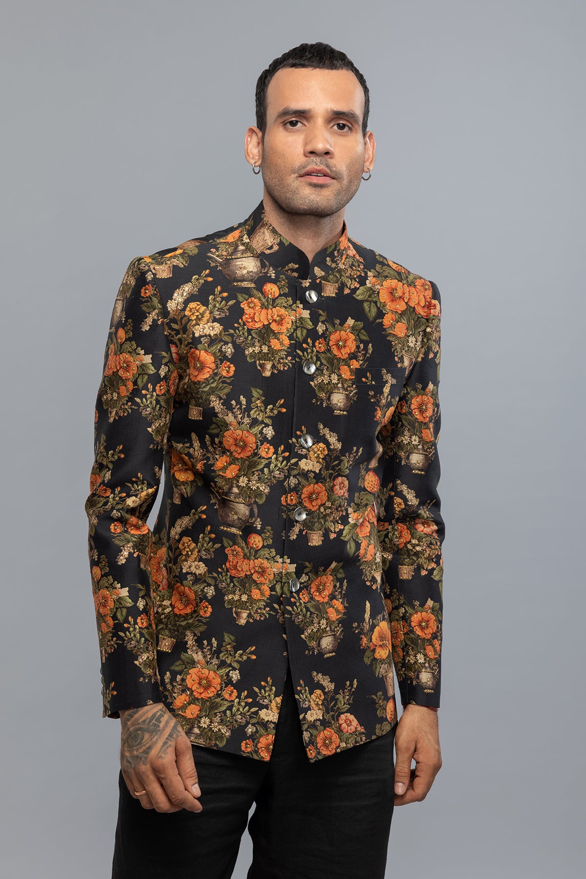 Men's Black Floral Printed Badhgala