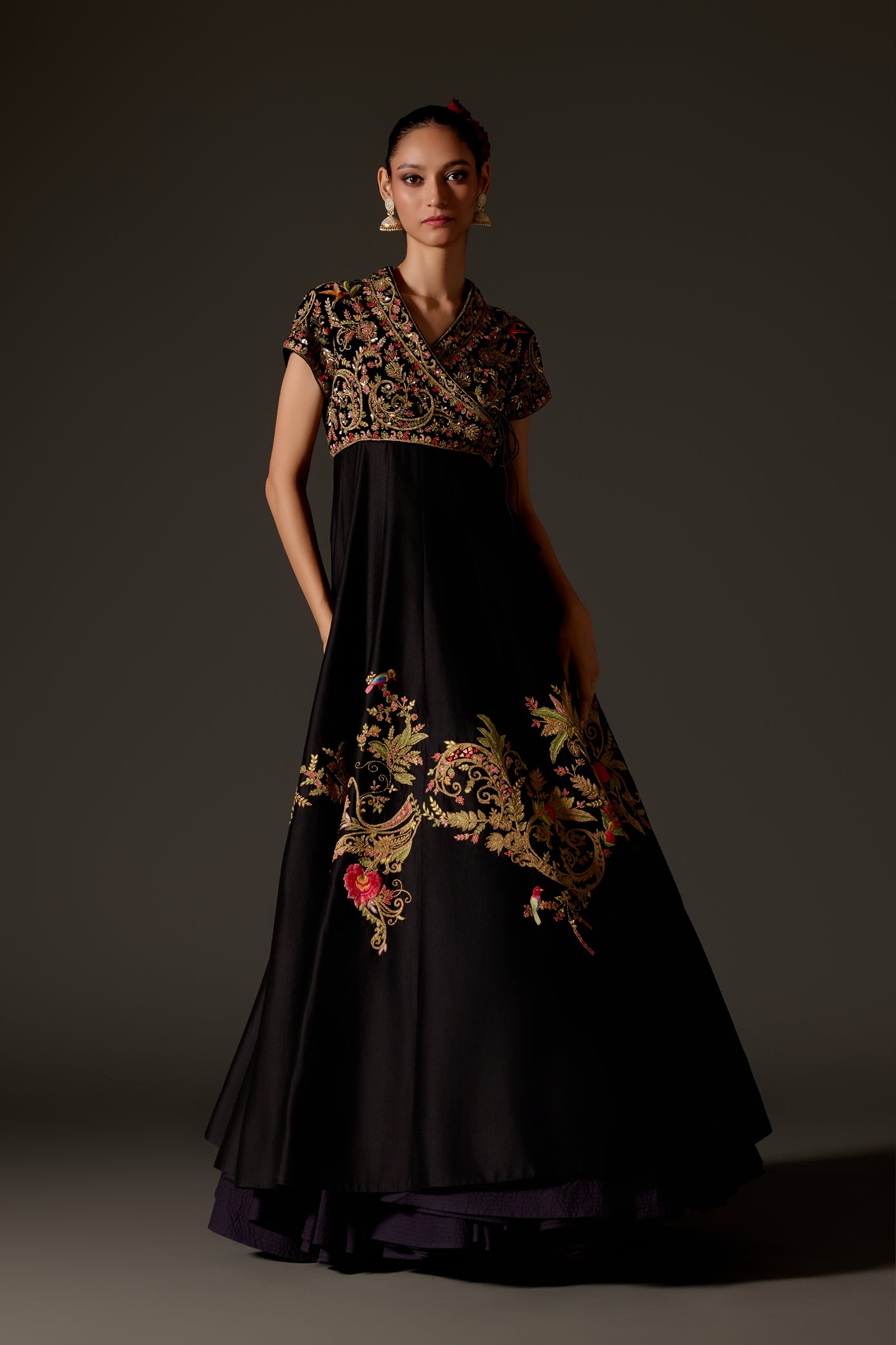 Black Embroidered Chanderi Anarkali Set