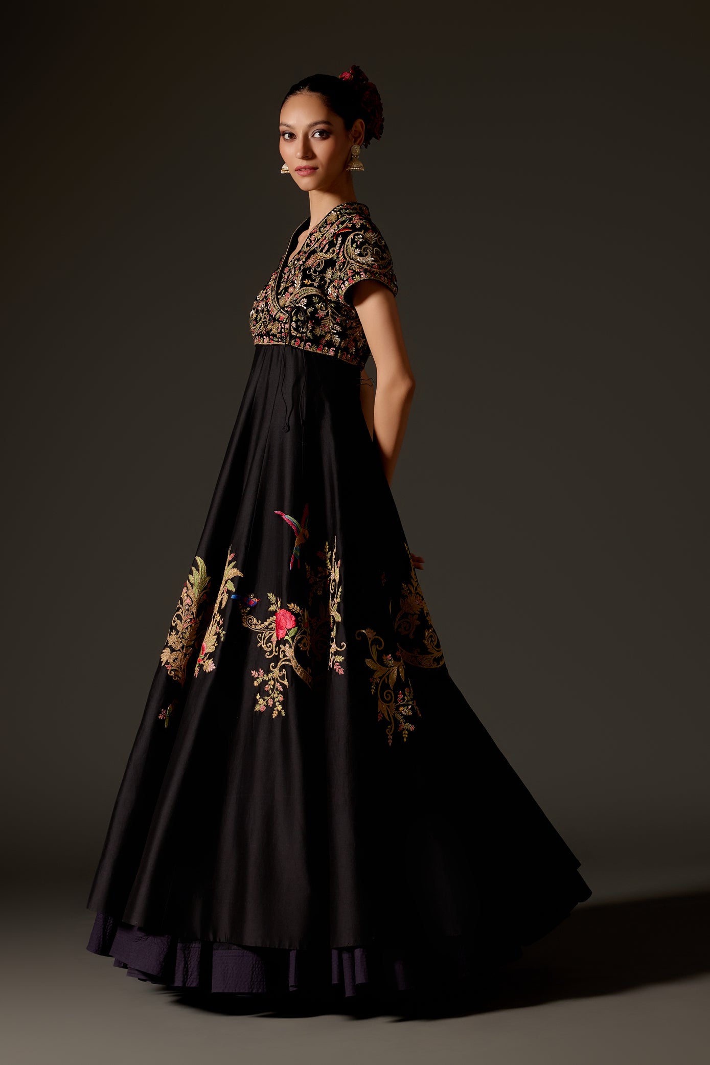 Black Embroidered Chanderi Anarkali Set