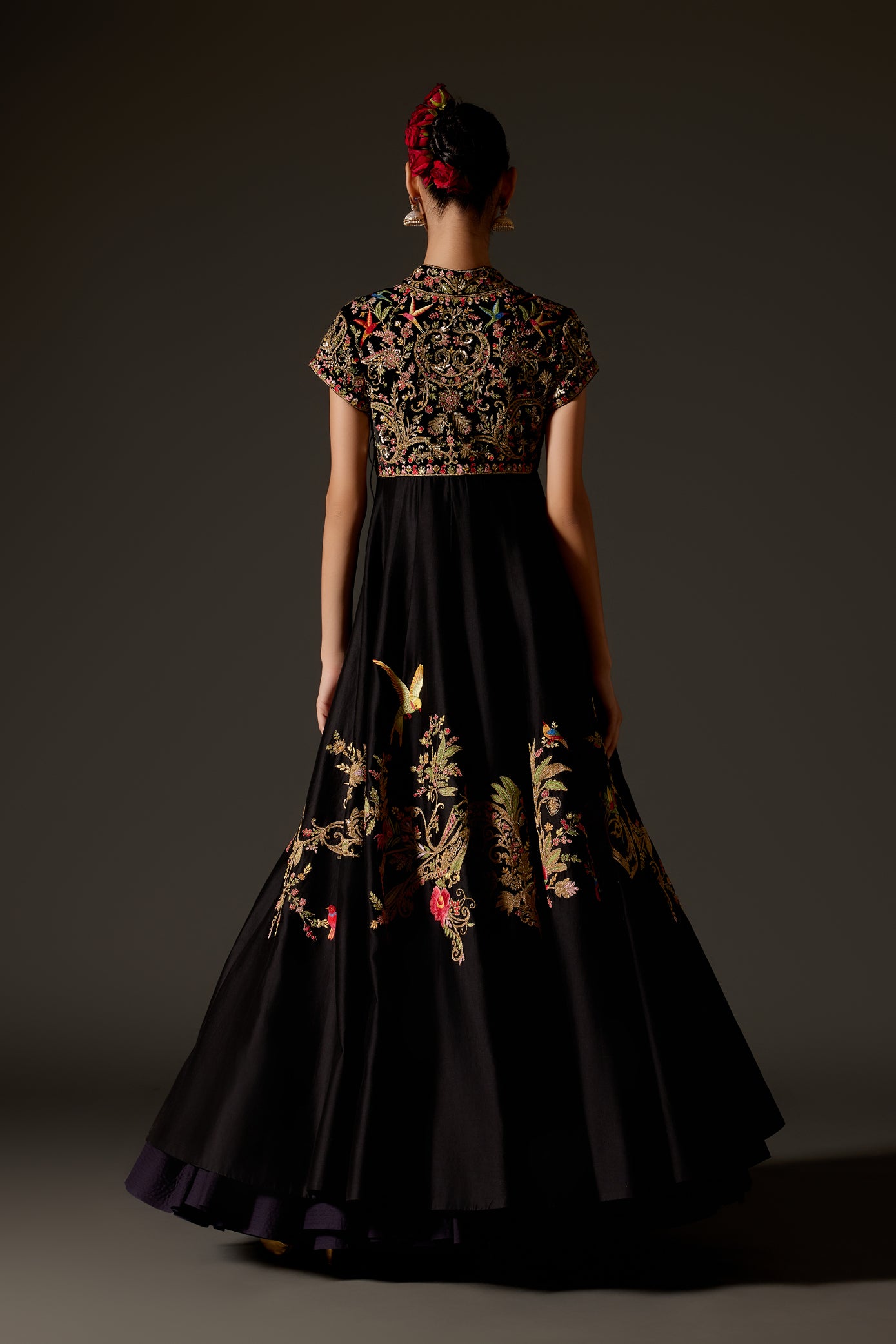 Black Embroidered Chanderi Anarkali Set