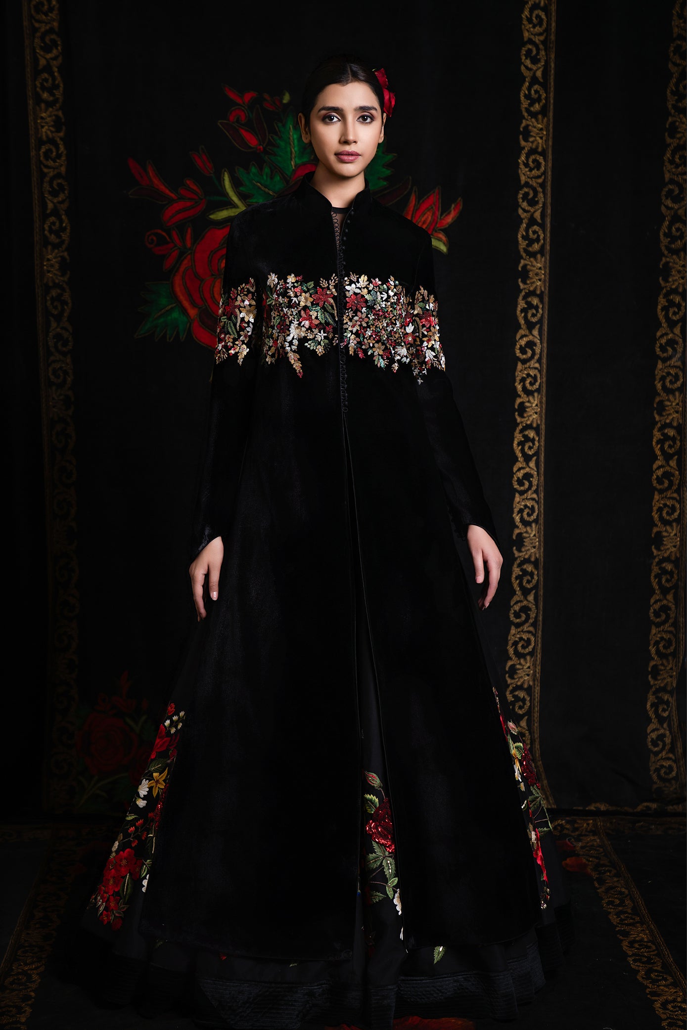 Black Long Velvet Jacket With Embroidery