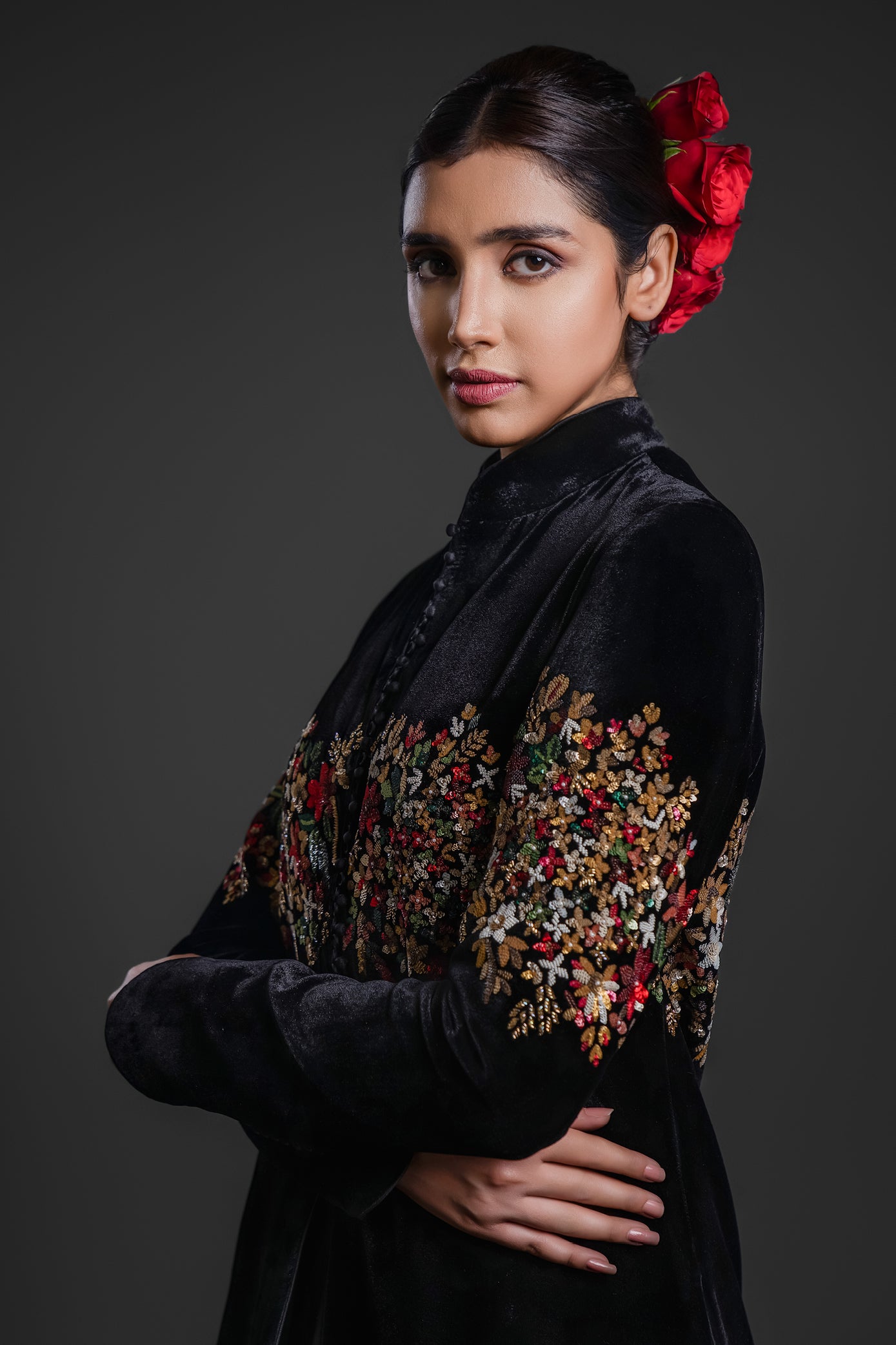 Black Long Velvet Jacket With Embroidery