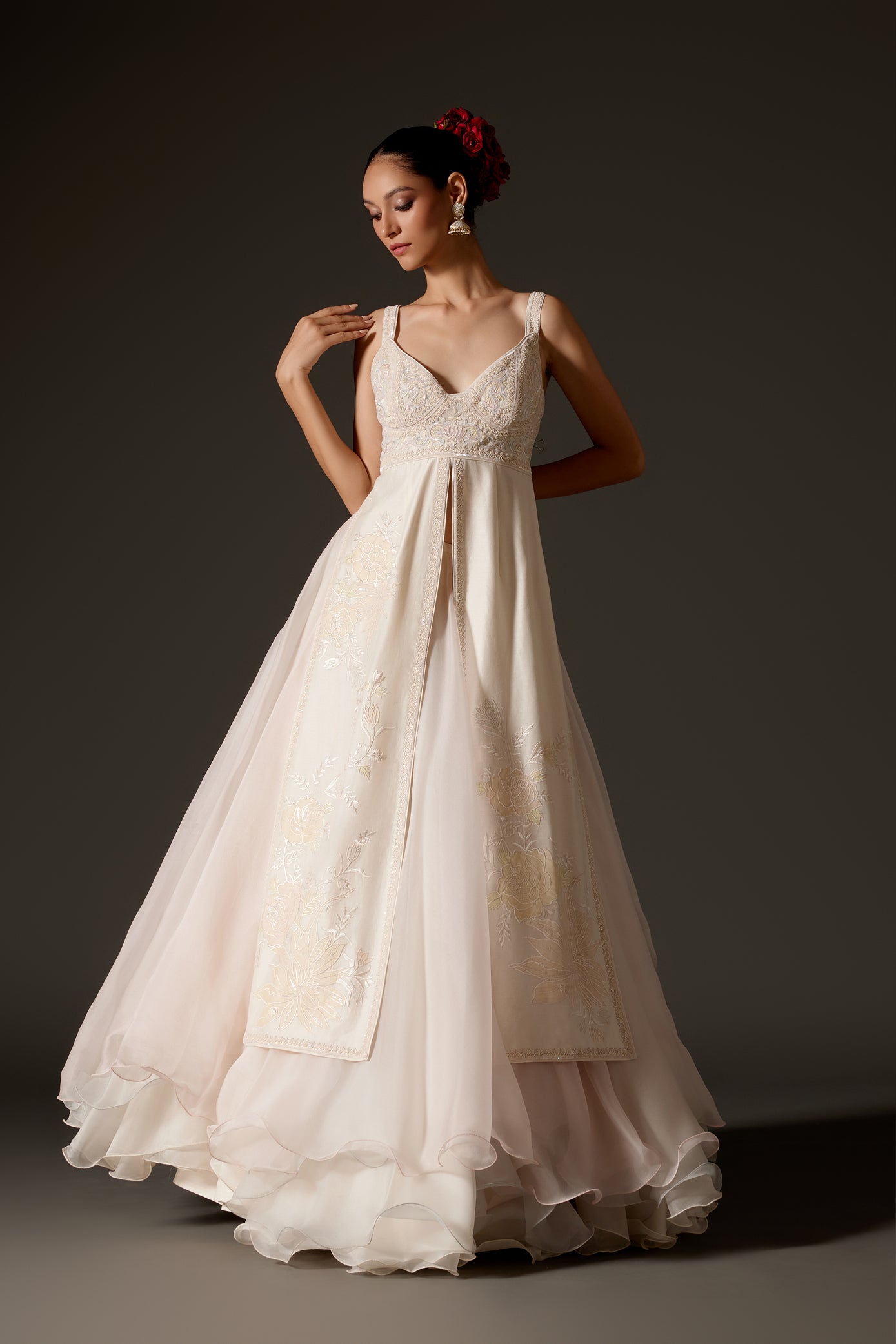 Ivory Chanderi Slit Anarkali With Organza Detail