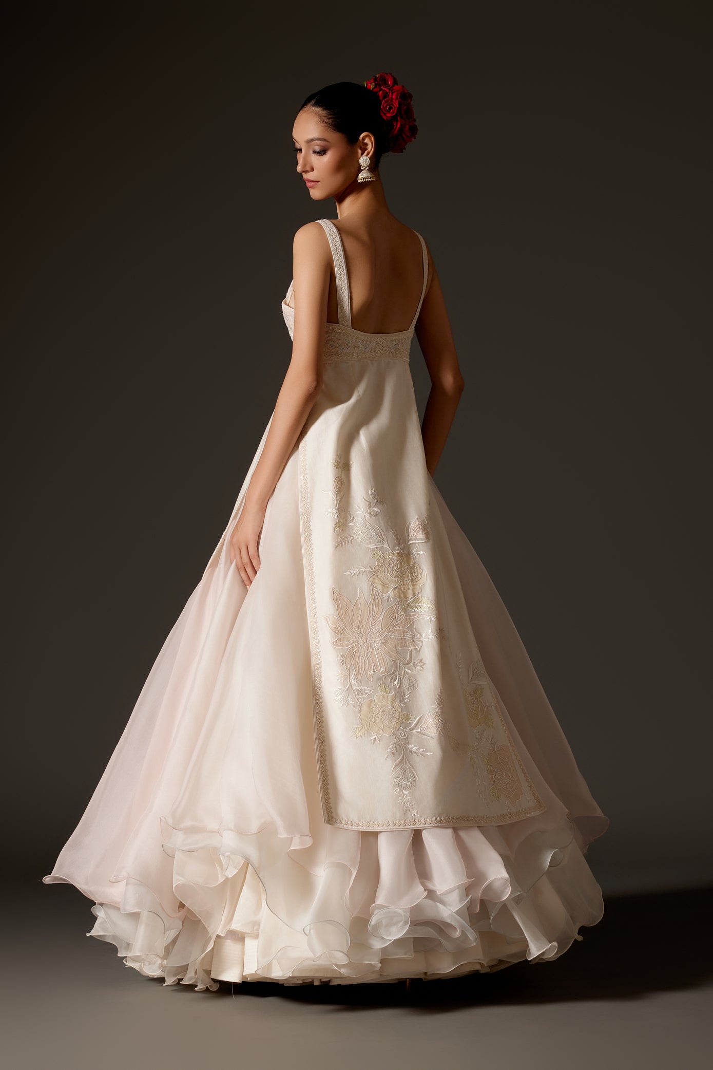 Ivory Chanderi Slit Anarkali With Organza Detail