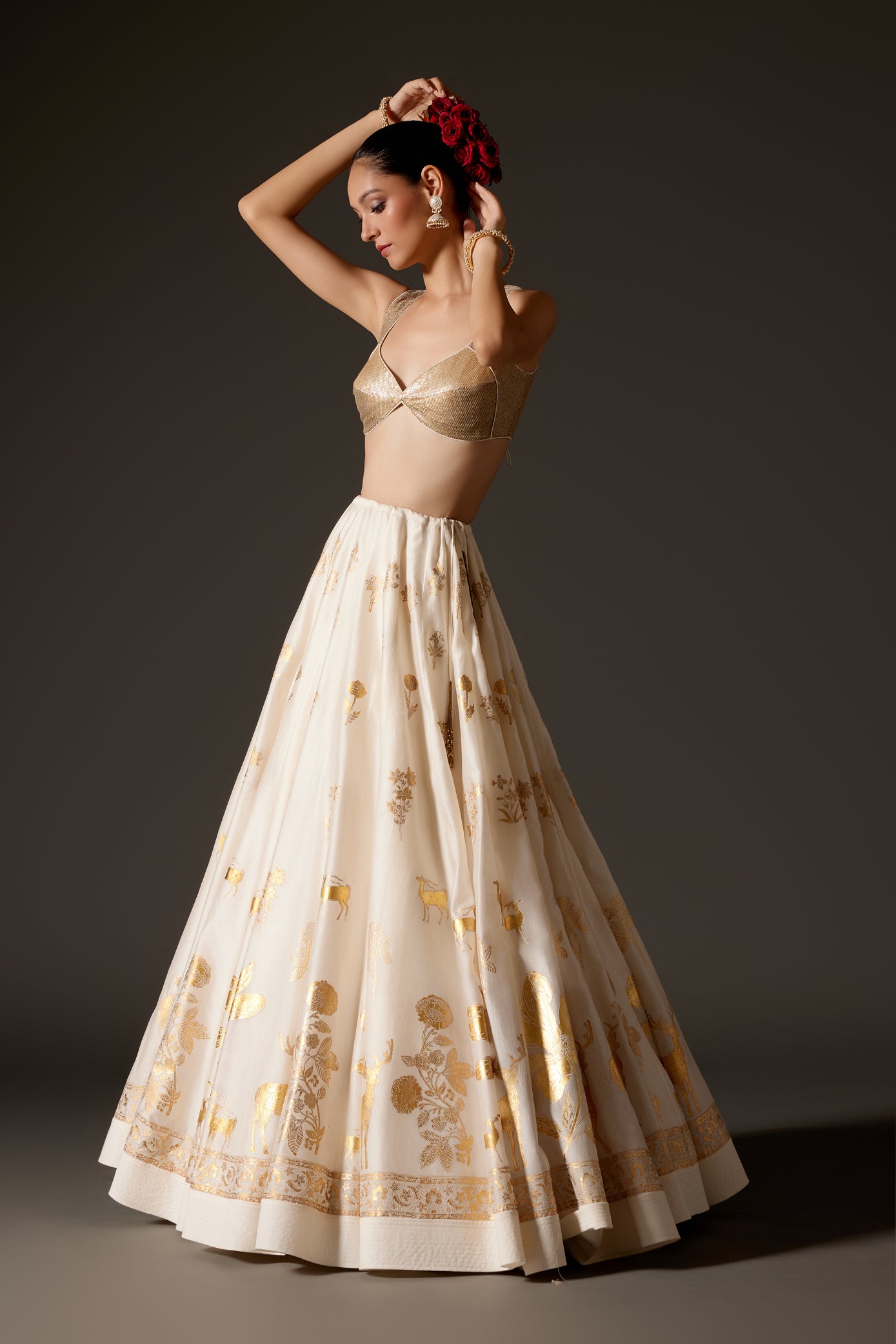 Ivory Chanderi Lehenga Set With Foil Elegance