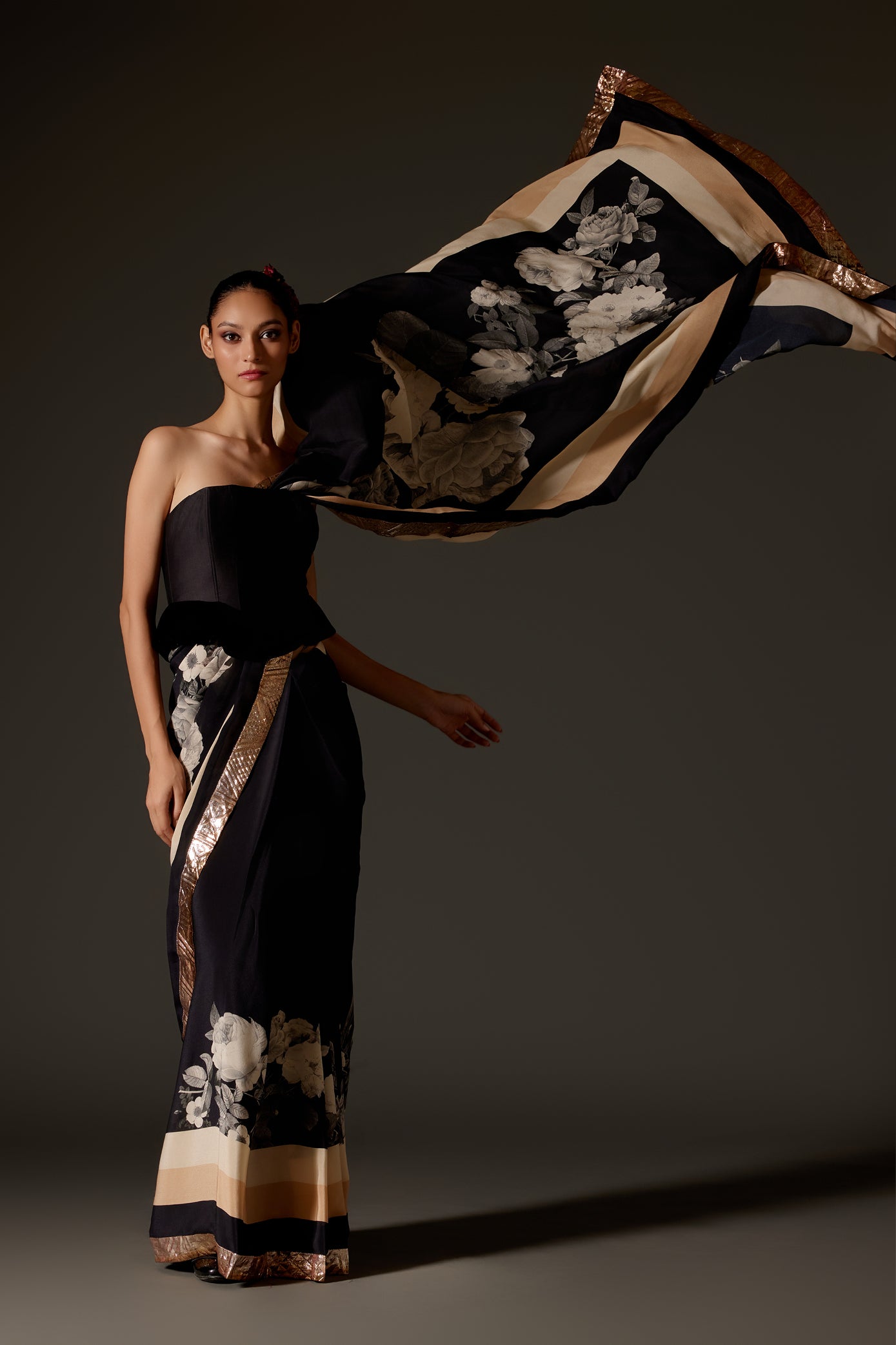 Elegant Black & Ivory Crepe Saree