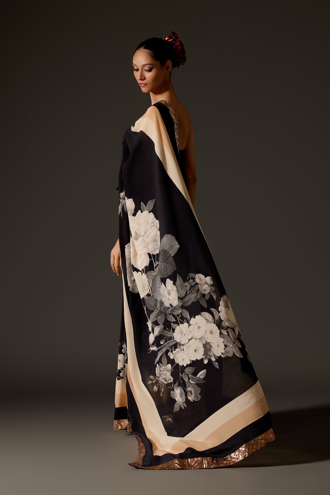 Elegant Black & Ivory Crepe Saree