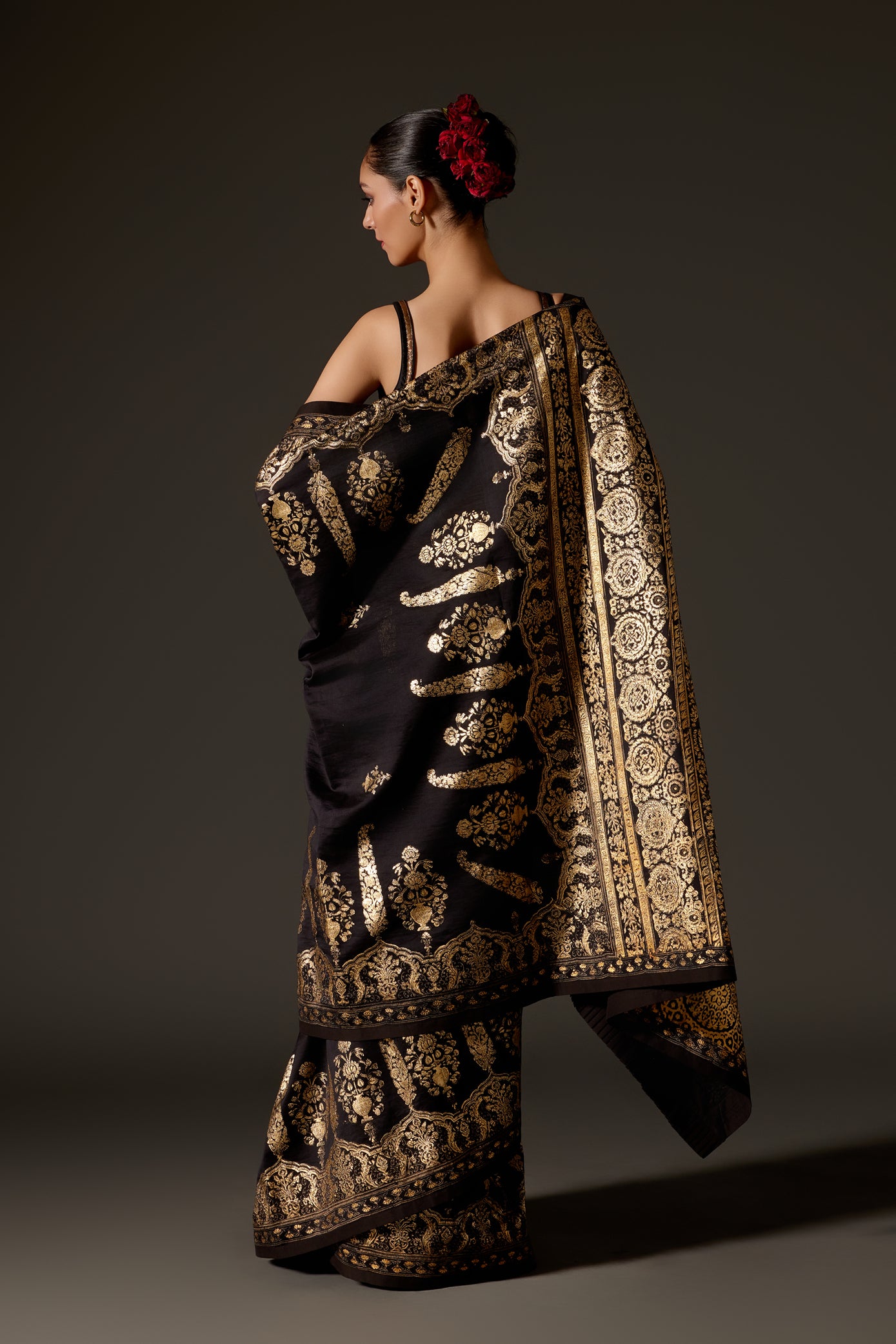 Black Chanderi Saree With Foil Print