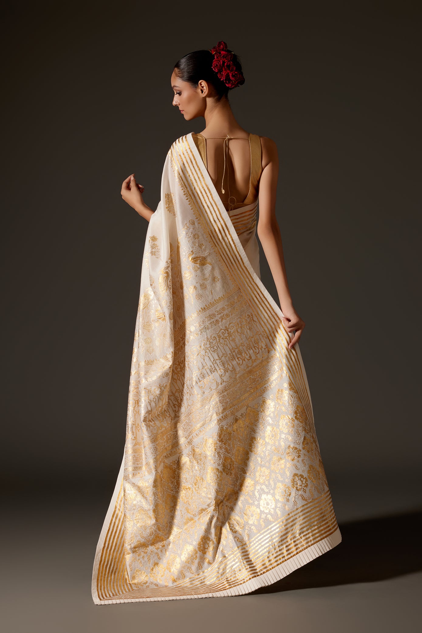 Ivory Chanderi Saree With Foil Print