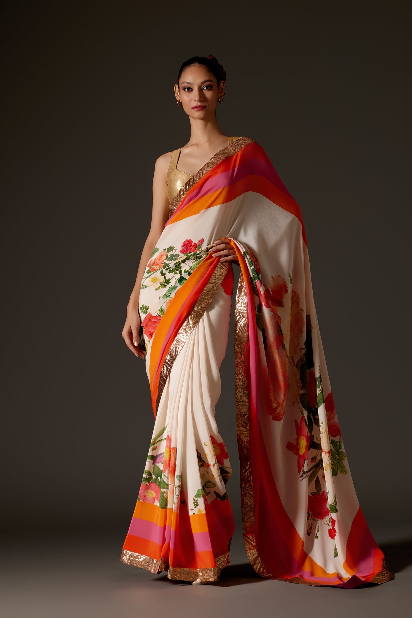 Digital Print Ivory Crepe Saree