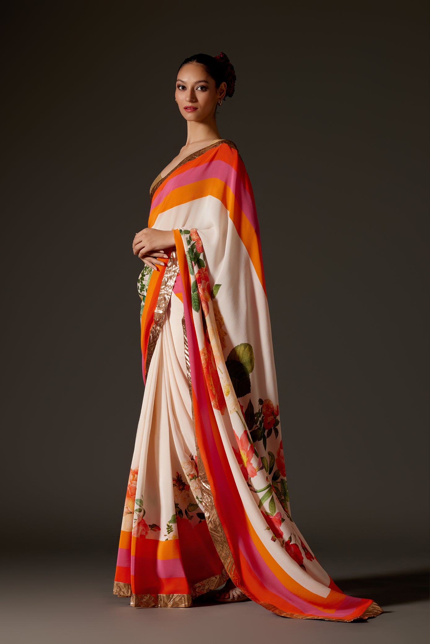 Digital Print Ivory Crepe Saree