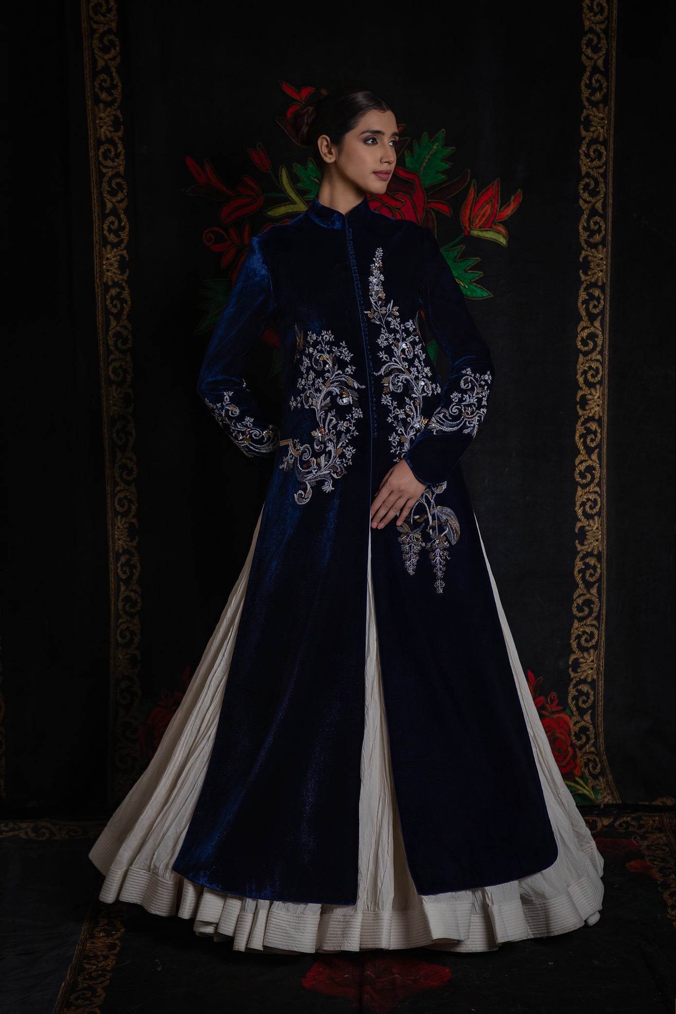 Indigo Long Velvet Jacket With Embroidery