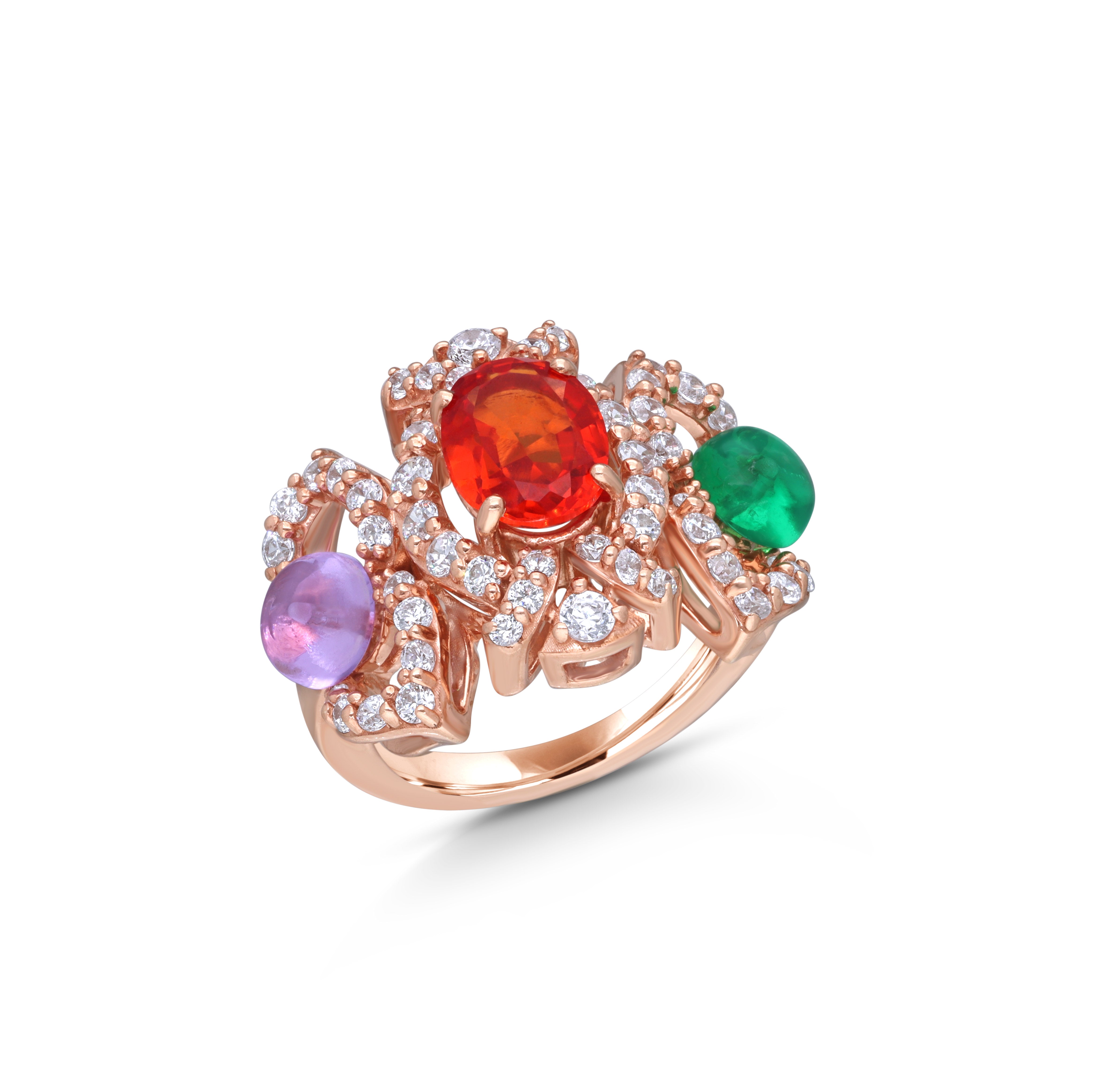 Rose Gold Bridal Ring with Amethyst, Emerald & Orange Gemstone