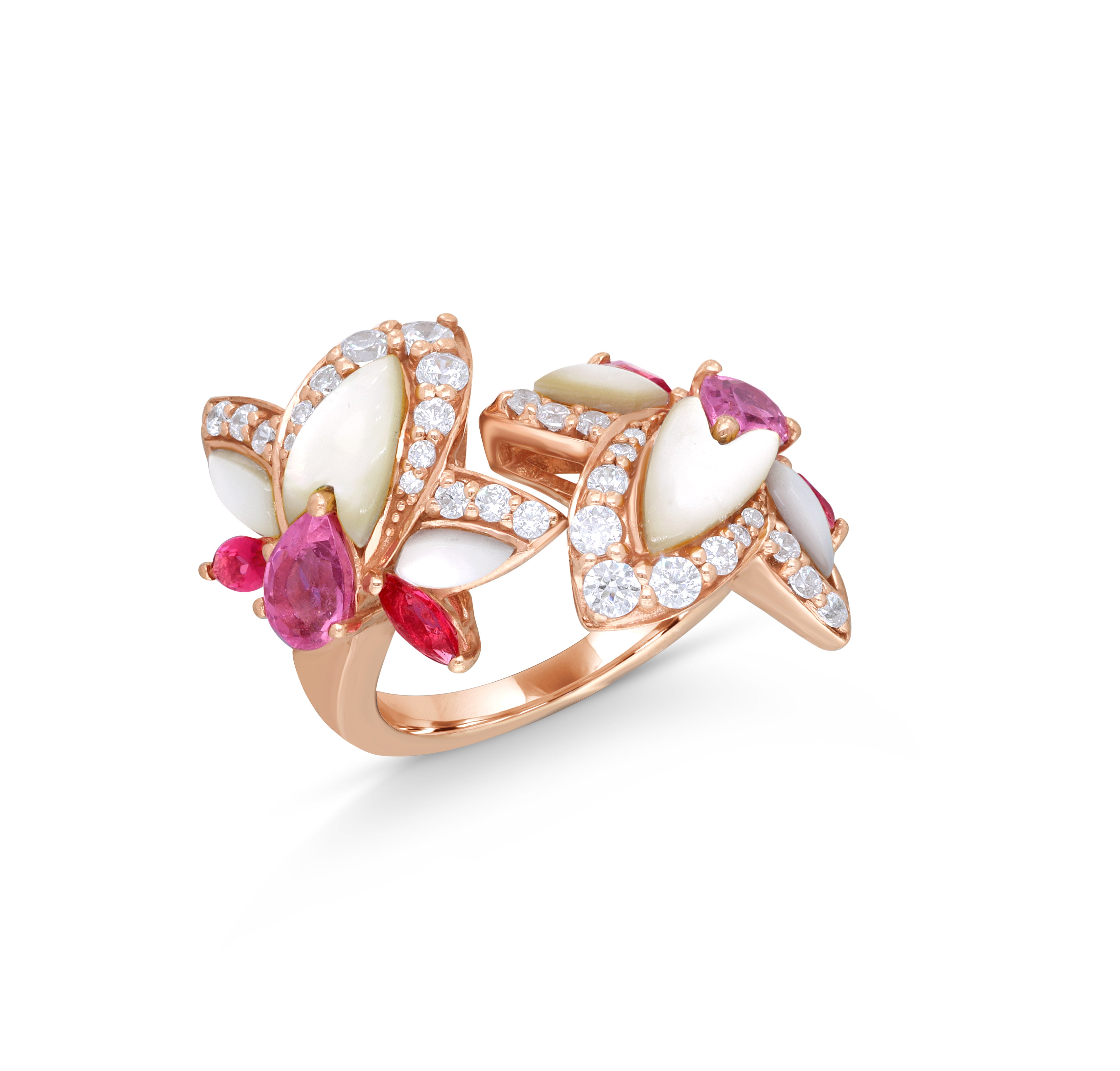 Rose Gold Bridal Ring with Tanzanite, Rubies & Mother of Pearl