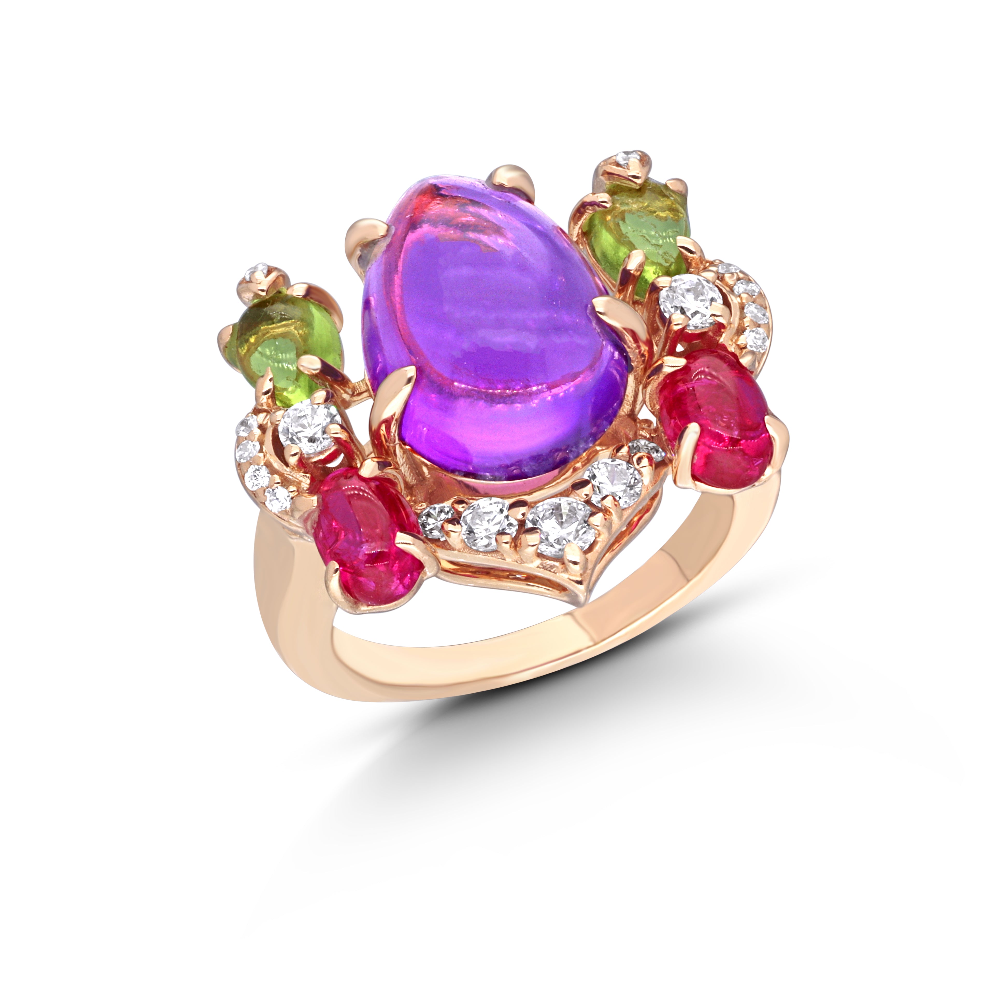 Rose Gold Bridal Ring with Amethyst, Emerald & Ruby Accents