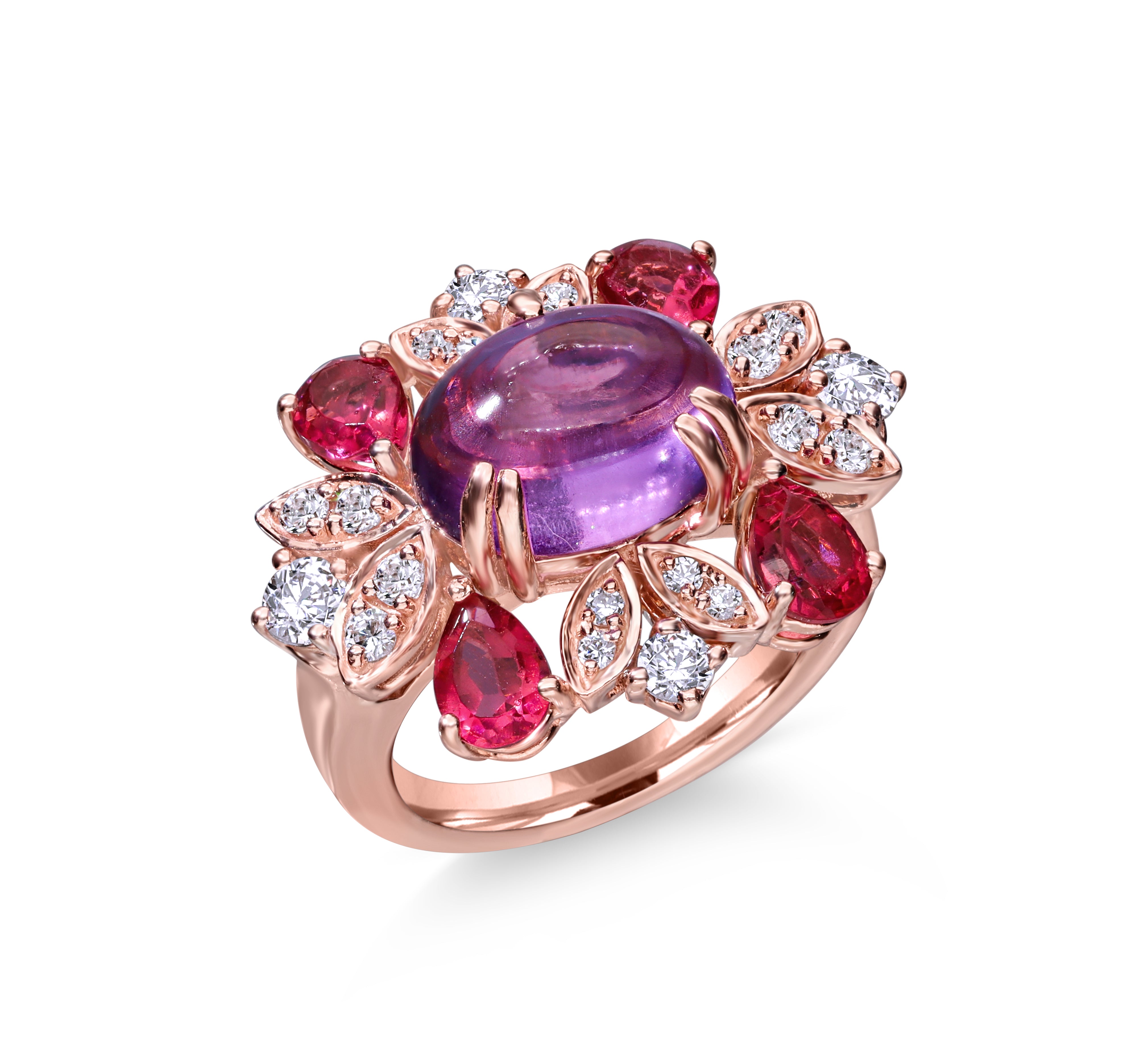Rose Gold Bridal Ring with Amethyst Cabochon, Red Rubies, and White Swarovski Zirconia