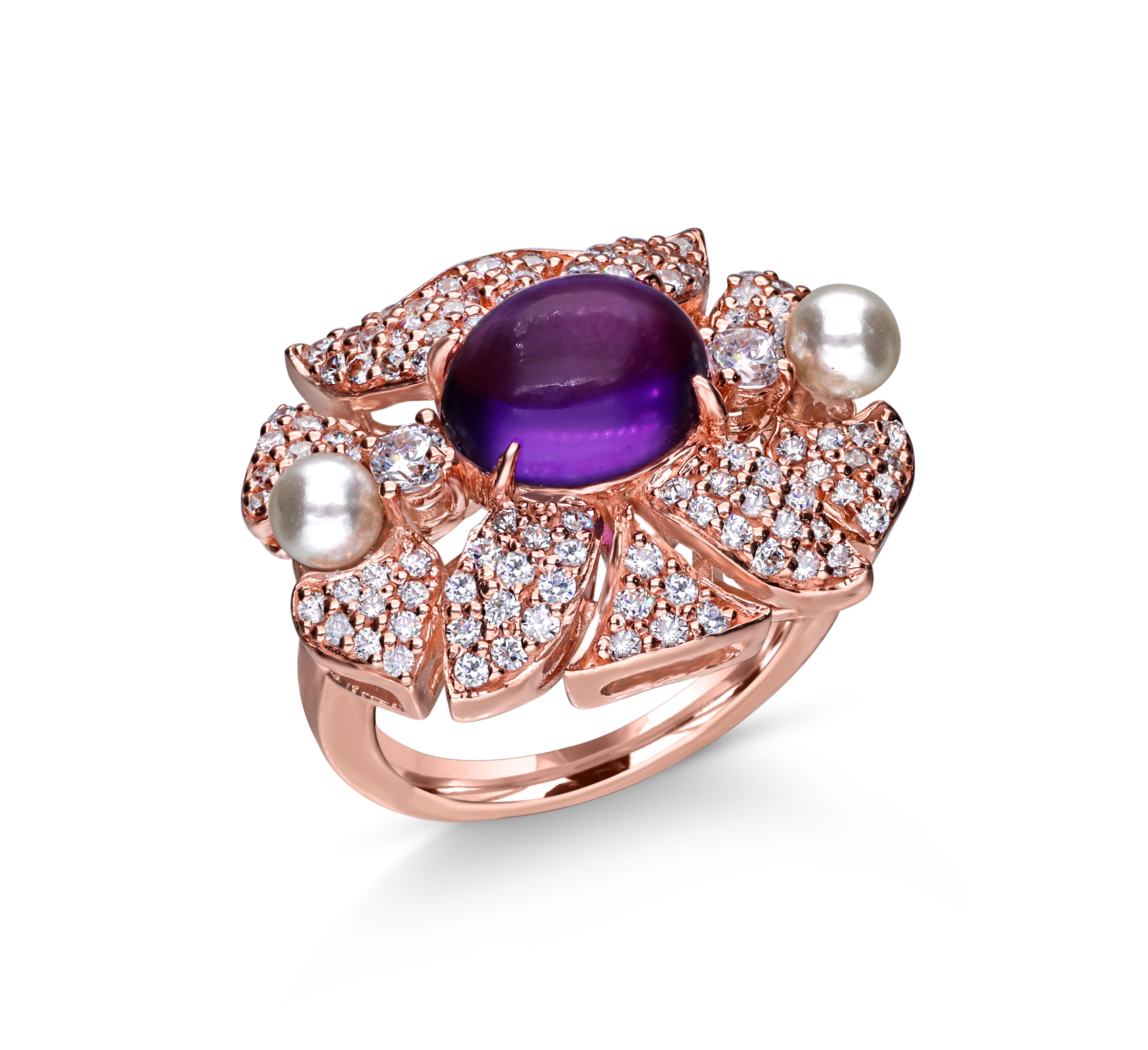 Rose Gold Bridal Ring with White Pearl & Amethyst Accent
