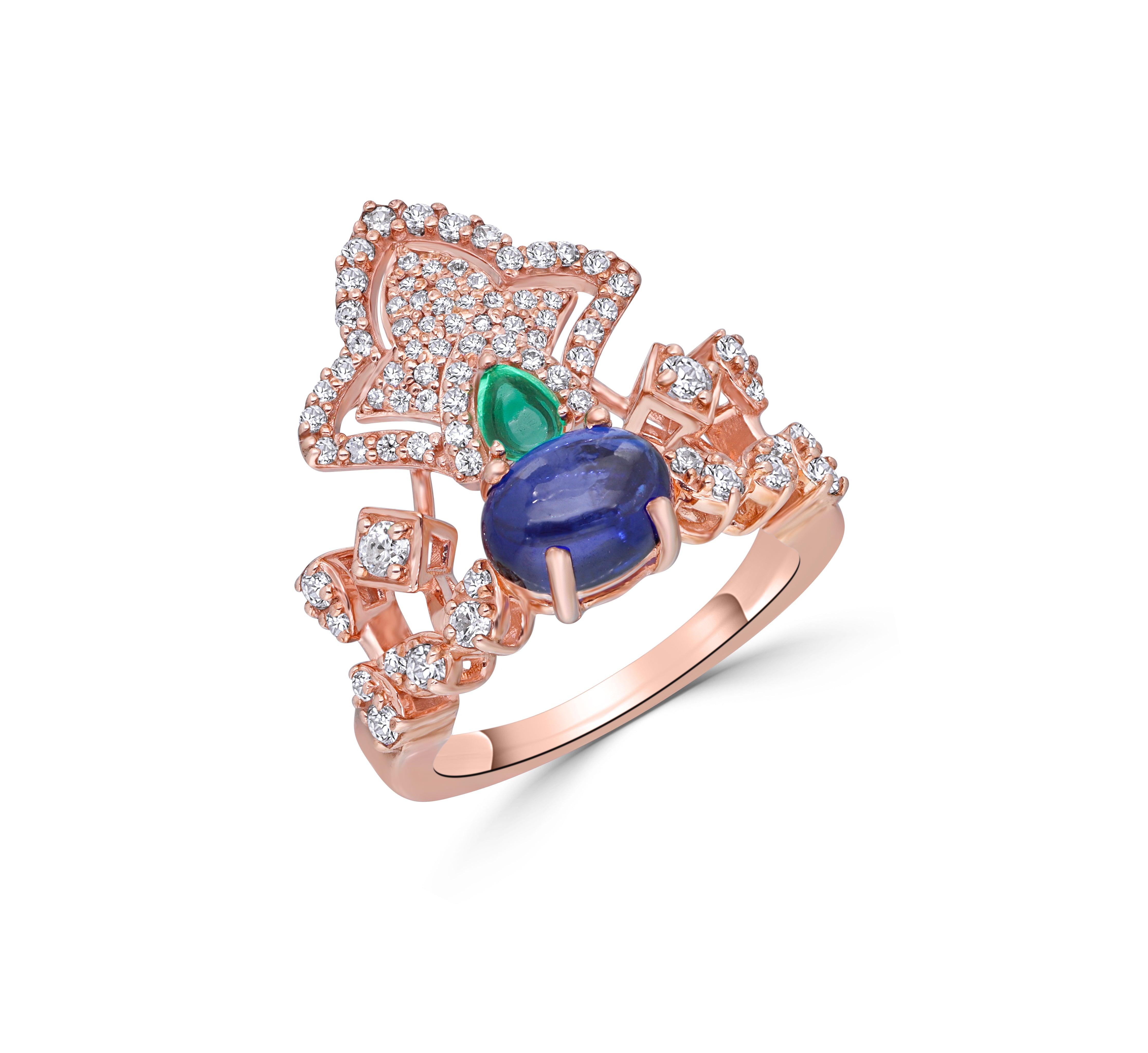 Rose Gold Ring with Tanzanite & Green Stone