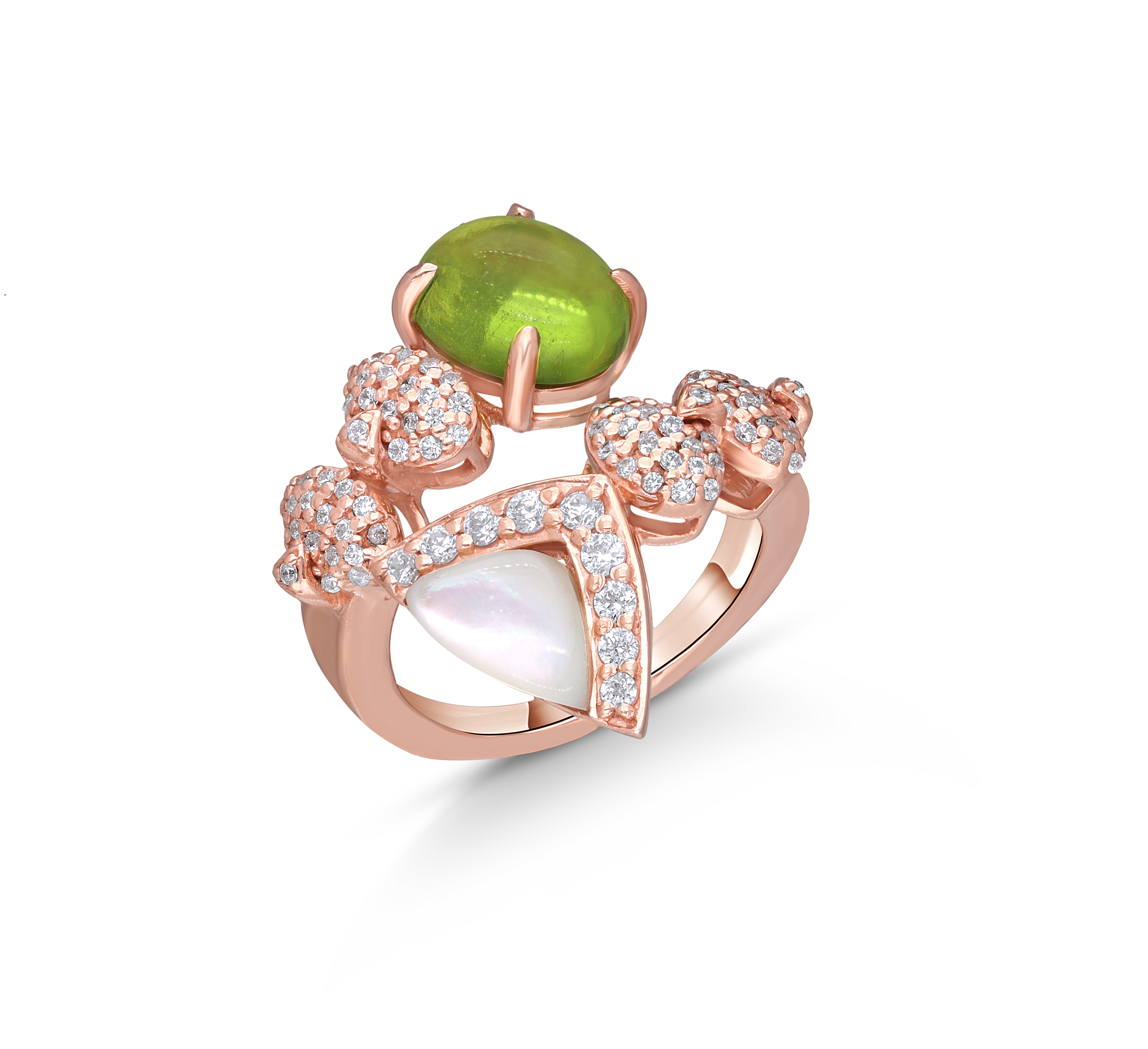 Rose Gold Cocktail Ring with Green Topaz & Mother of Pearl