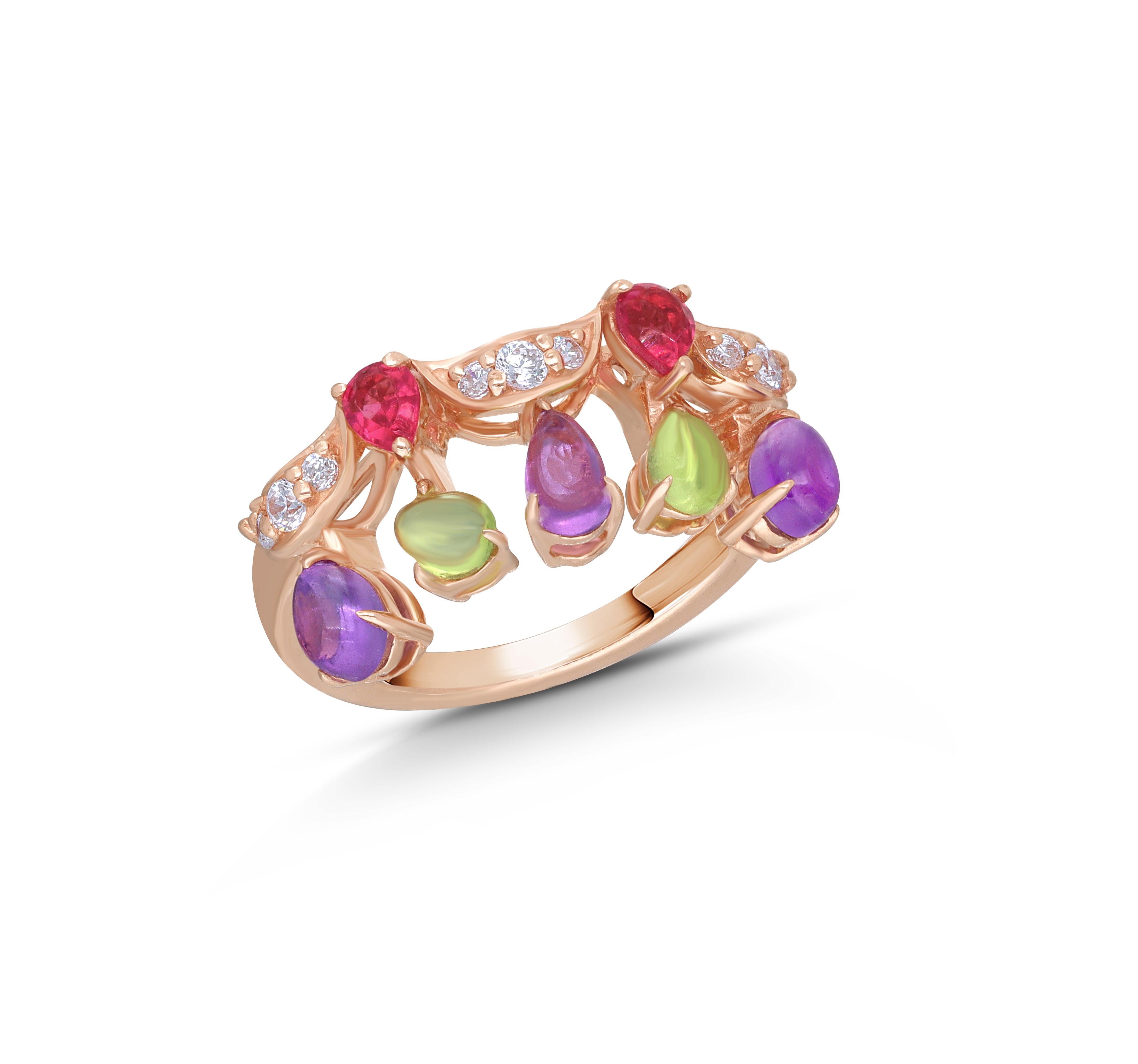 Rose Gold Cocktail Ring with Amethyst, Green & Rubies
