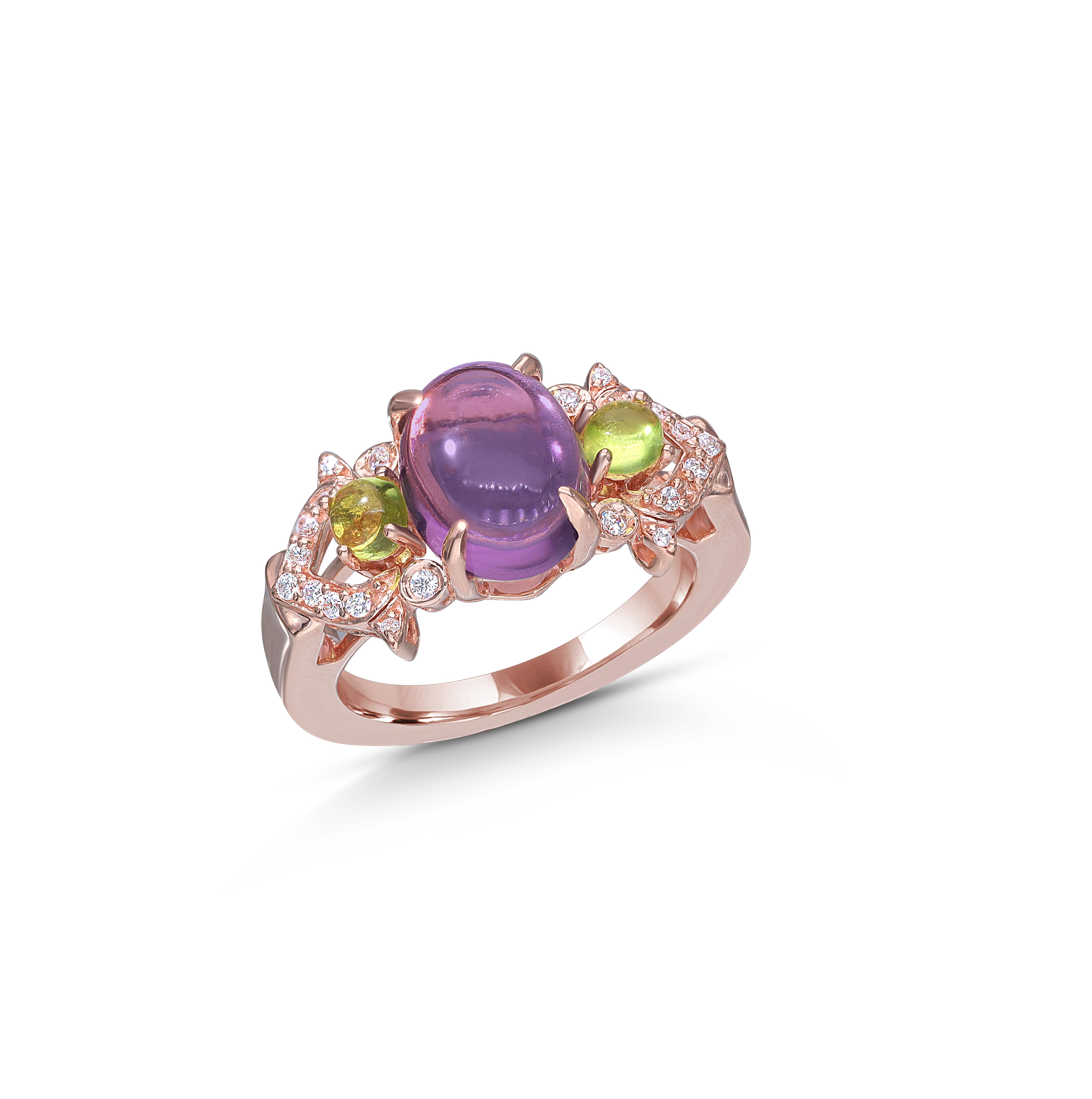 Rose Gold Cocktail Ring with Amethyst & Green Stone